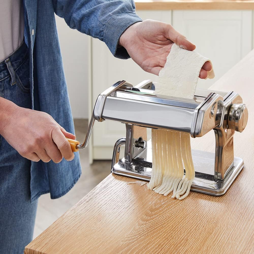 MONZANA® Manuelle Nudelmaschine Edelstahl 9 versch. Teigdicken 2 Teigwalzen Tischhalterung Kurbel Spaghetti Bandnudeln Lasagne Küche Pasta Silber — Ansicht 2