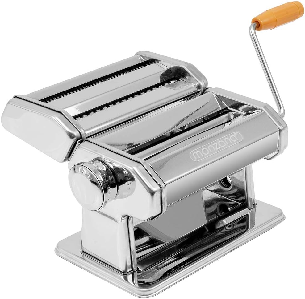 MONZANA® Manuelle Nudelmaschine Edelstahl 9 versch. Teigdicken 2 Teigwalzen Tischhalterung Kurbel Spaghetti Bandnudeln Lasagne Küche Pasta Silber