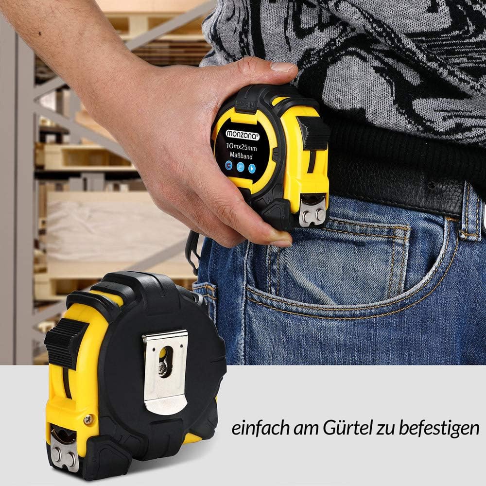 MONZANA® Maßband 10m Rollmeter magnetisch verschiebbarer Endhaken Bandmaß Autorollsystem mit Feststeller & Gürtelklemme — Ansicht 6