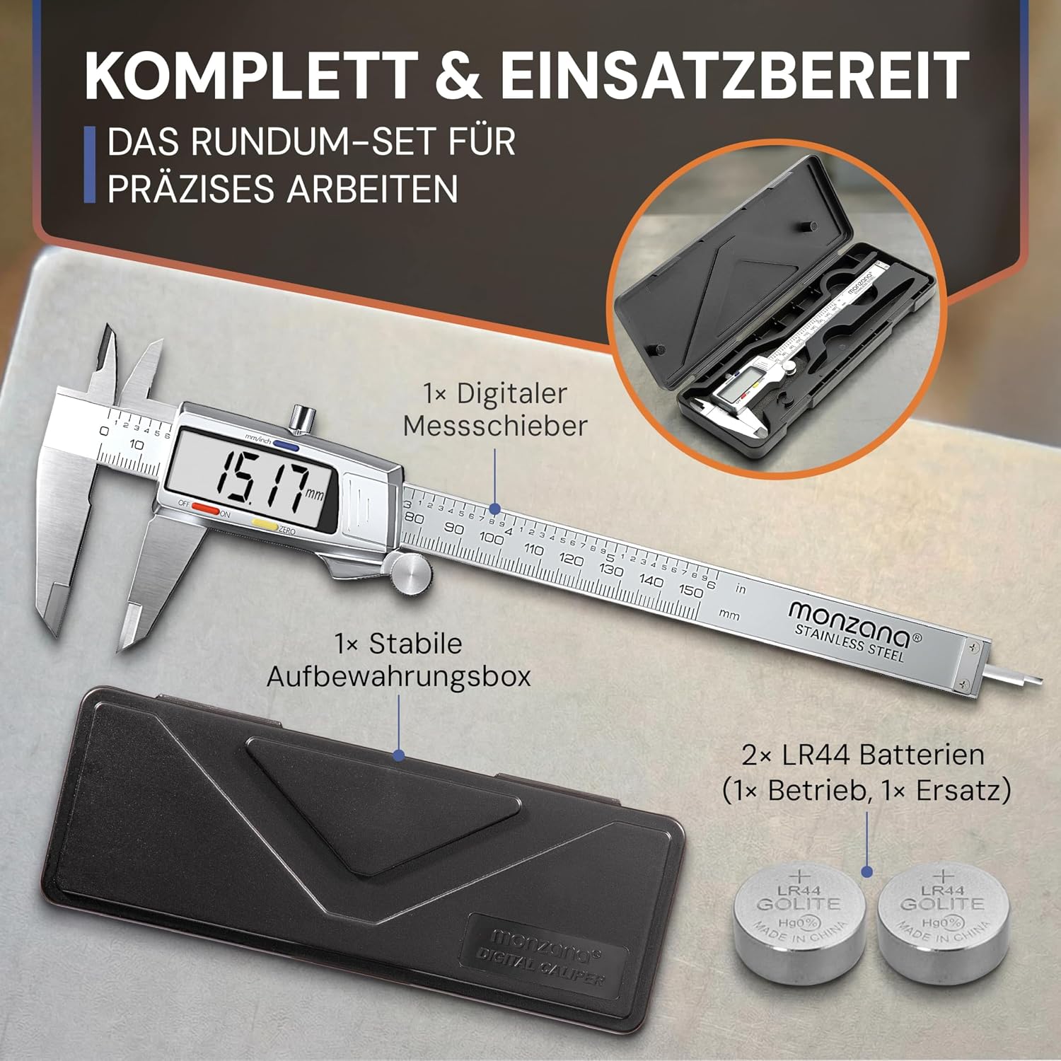 MONZANA® Messschieber Digital Edelstahl 150mm LCD Display Aufbewahrungsbox Ersatzbatterie Schieblehre Messlehre — Ansicht 6