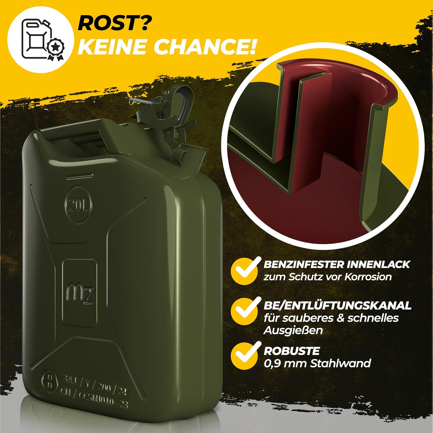 MONZANA® Metallkanister 3er-Set inkl. Ausgießer Verlängerung 20 L Stahl 36x17x46cm UN-Zulassung Werkstatt Benzinkanister Metallkanister oliv — Ansicht 4