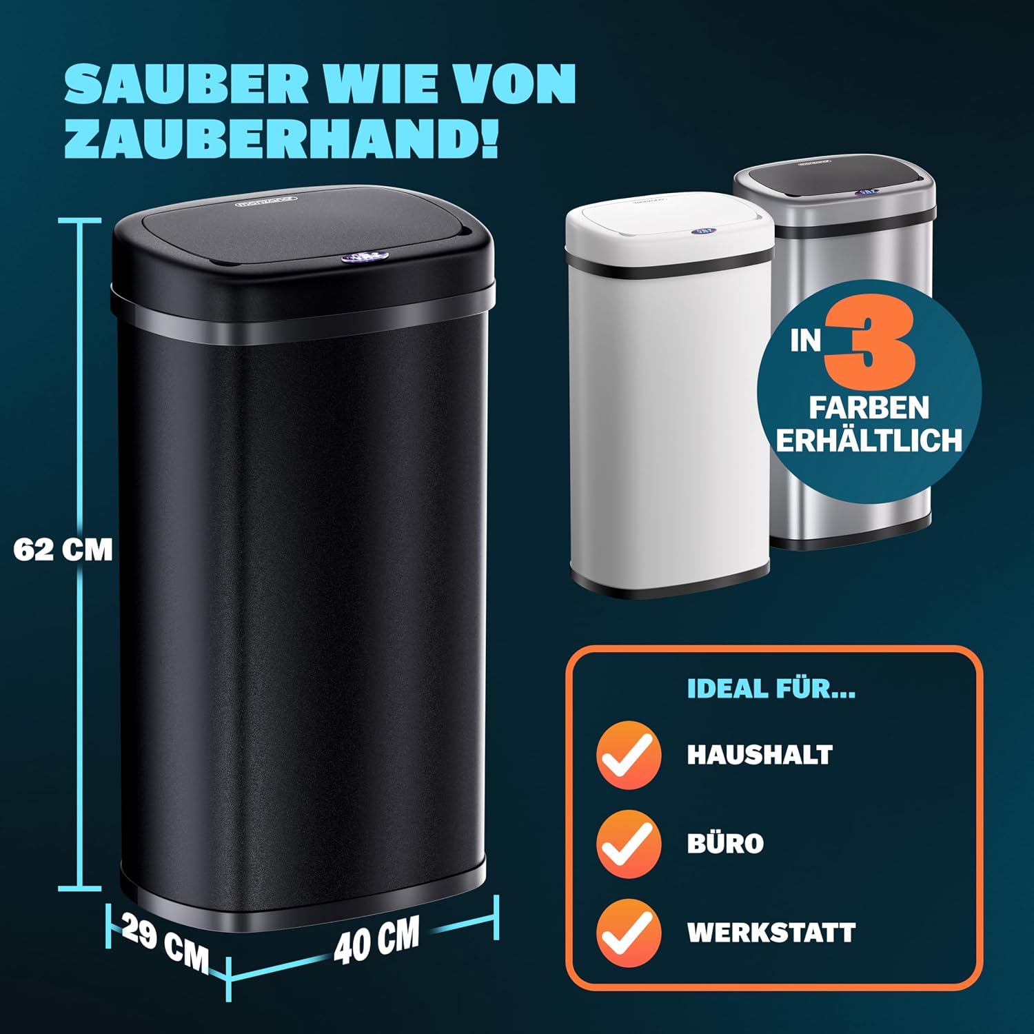 Monzana® Mülleimer mit Sensor Küche 50L Edelstahl Automatik Deckel Klemmring inkl. USB-Kabel Abfalleimer Groß Papierkorb LED Anzeige Schwarz — Ansicht 4