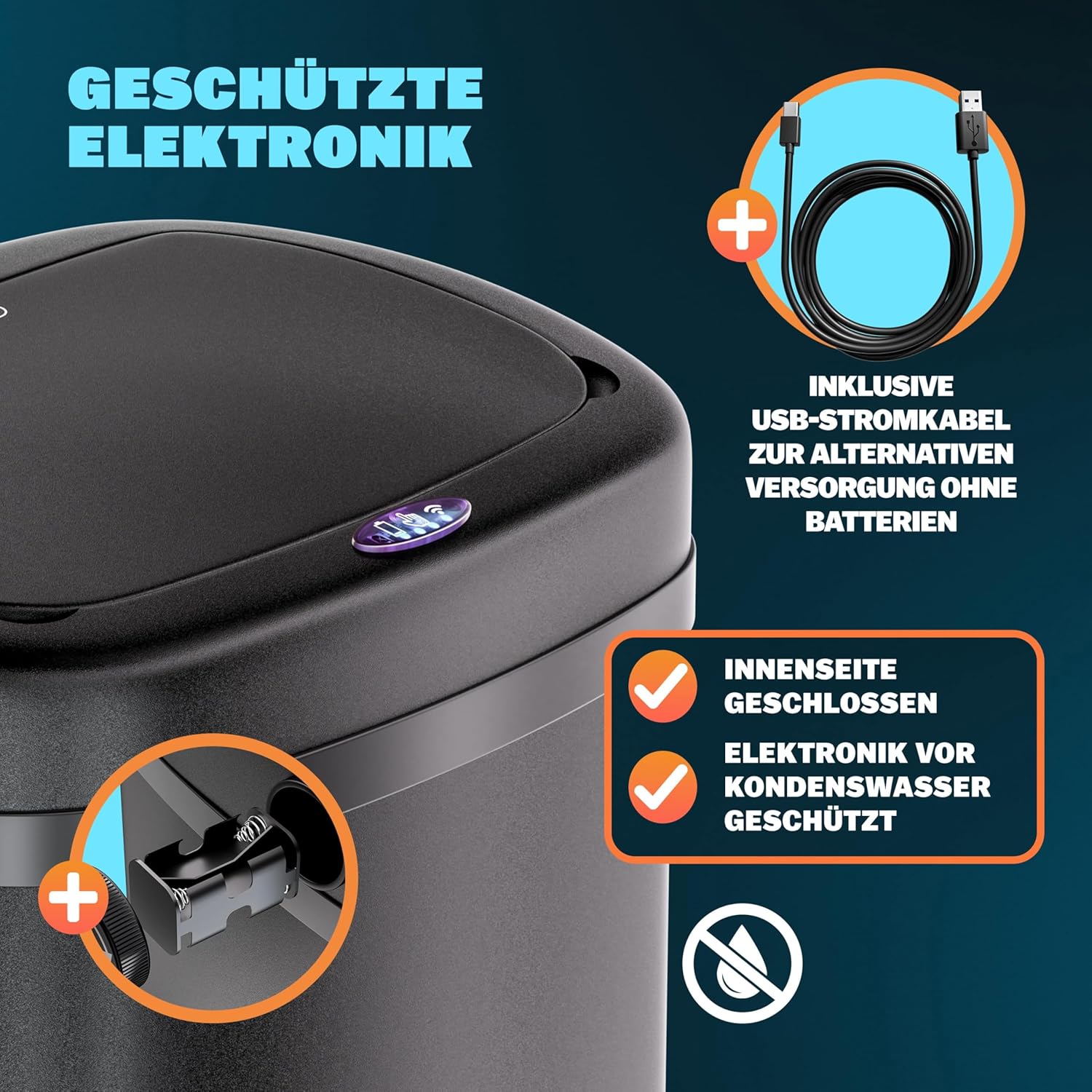 Monzana® Mülleimer mit Sensor Küche 50L Edelstahl Automatik Deckel Klemmring inkl. USB-Kabel Abfalleimer Groß Papierkorb LED Anzeige Schwarz — Ansicht 6