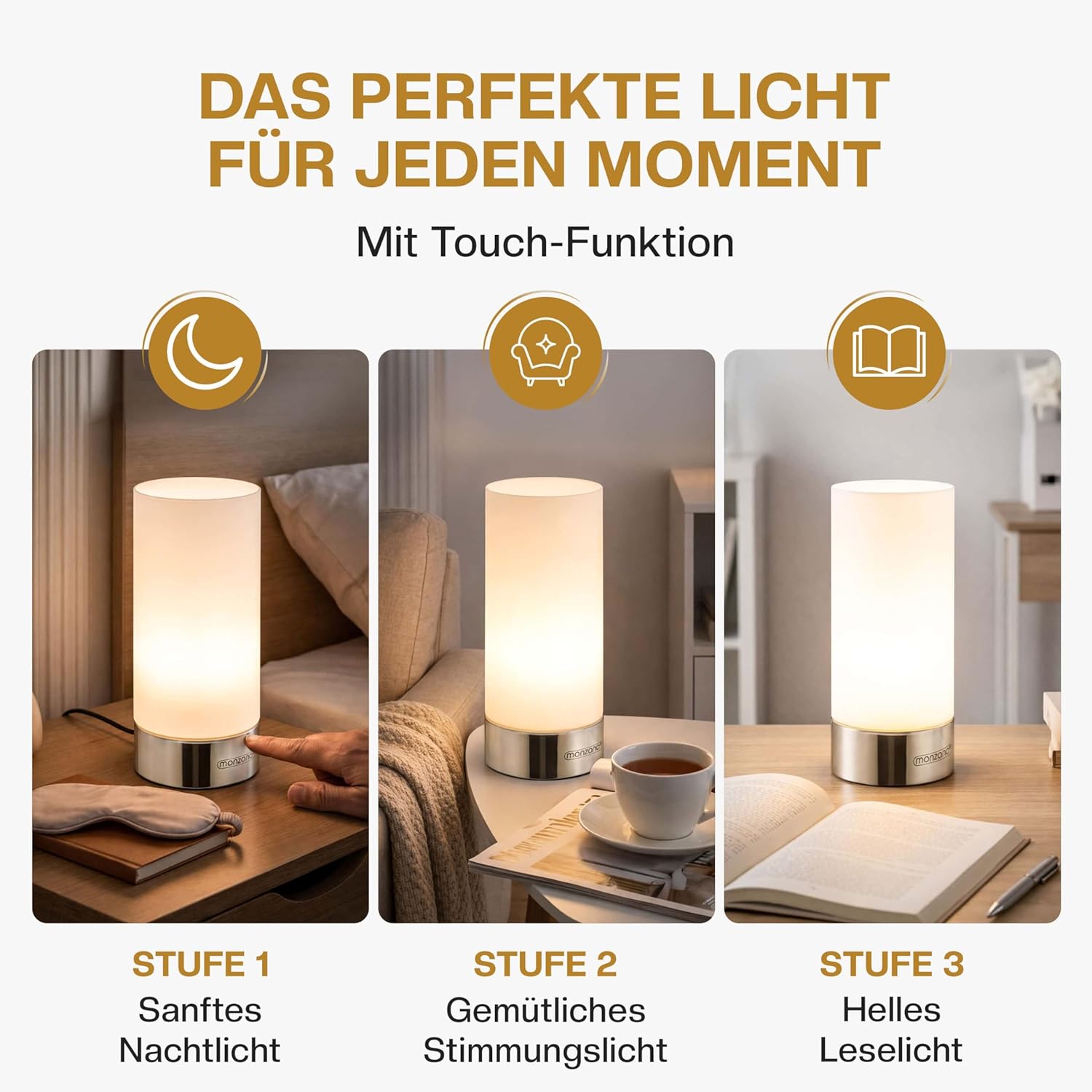 Monzana® Nachttischlampe 2er Set Touch Dimmbar mit LED Leuchtmittel Glasschirm Tischlampe Tischleuchte Wohnzimmer Schlafzimmer Nachtlicht Leselampe — Ansicht 3