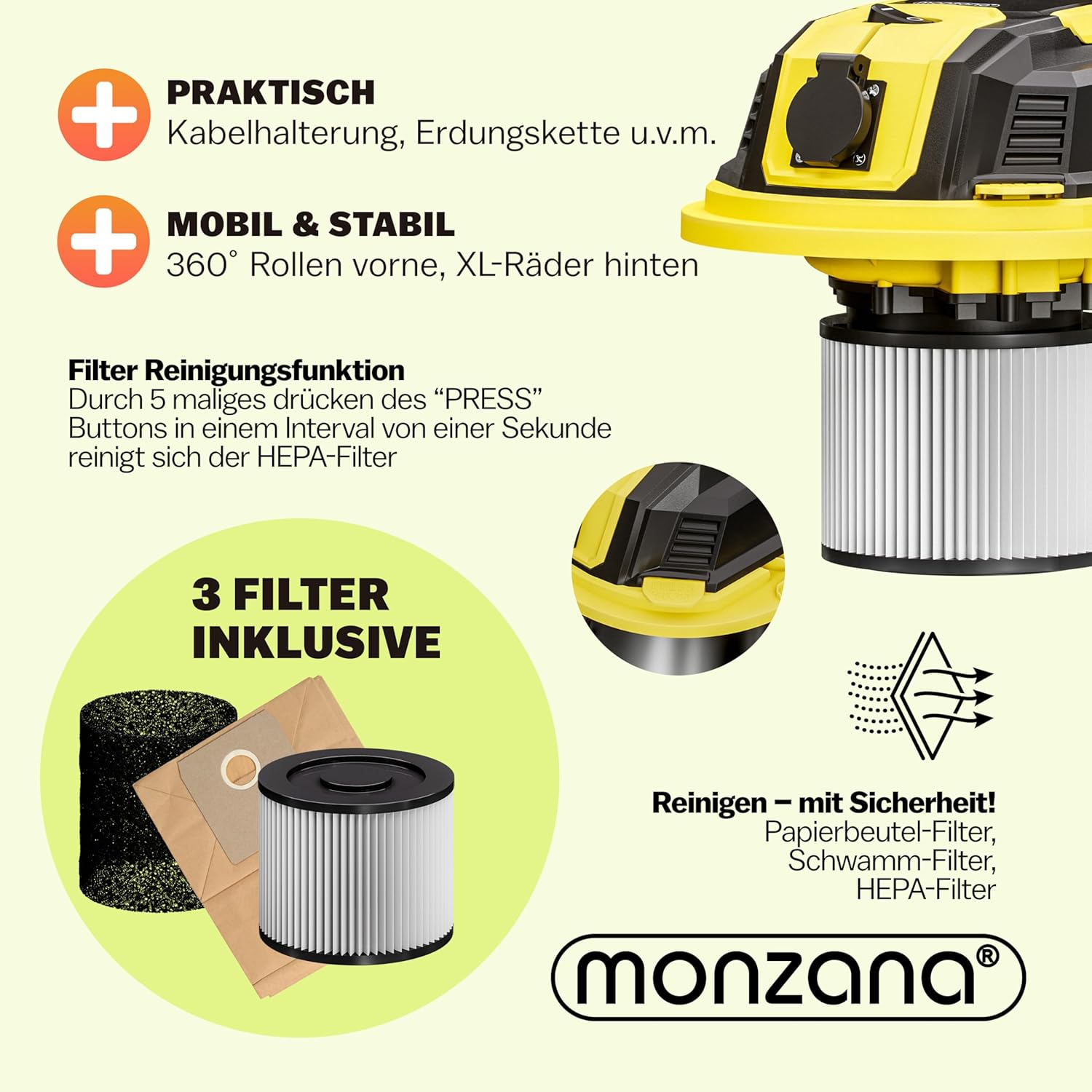 Monzana® Nass Trockensauger 30L 1200W + 1000W Steckdose GS-Zertifiziert 9m Bewegungsradius Blasfunktion Staubsauger Industrie Edelstahl Waschsauger Nasssauger — Ansicht 5