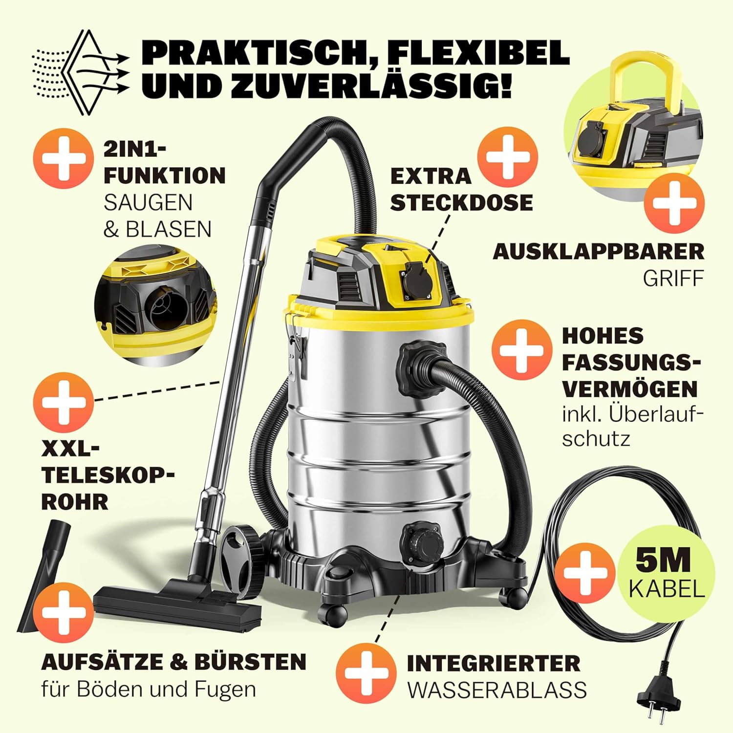 Monzana® Nass Trockensauger 30L 2200W + Steckdose GS-Zertifiziert 9m Bewegungsradius Industrie Staubsauger Edelstahl Nasssauger Waschsauger Blasfunktion — Ansicht 2