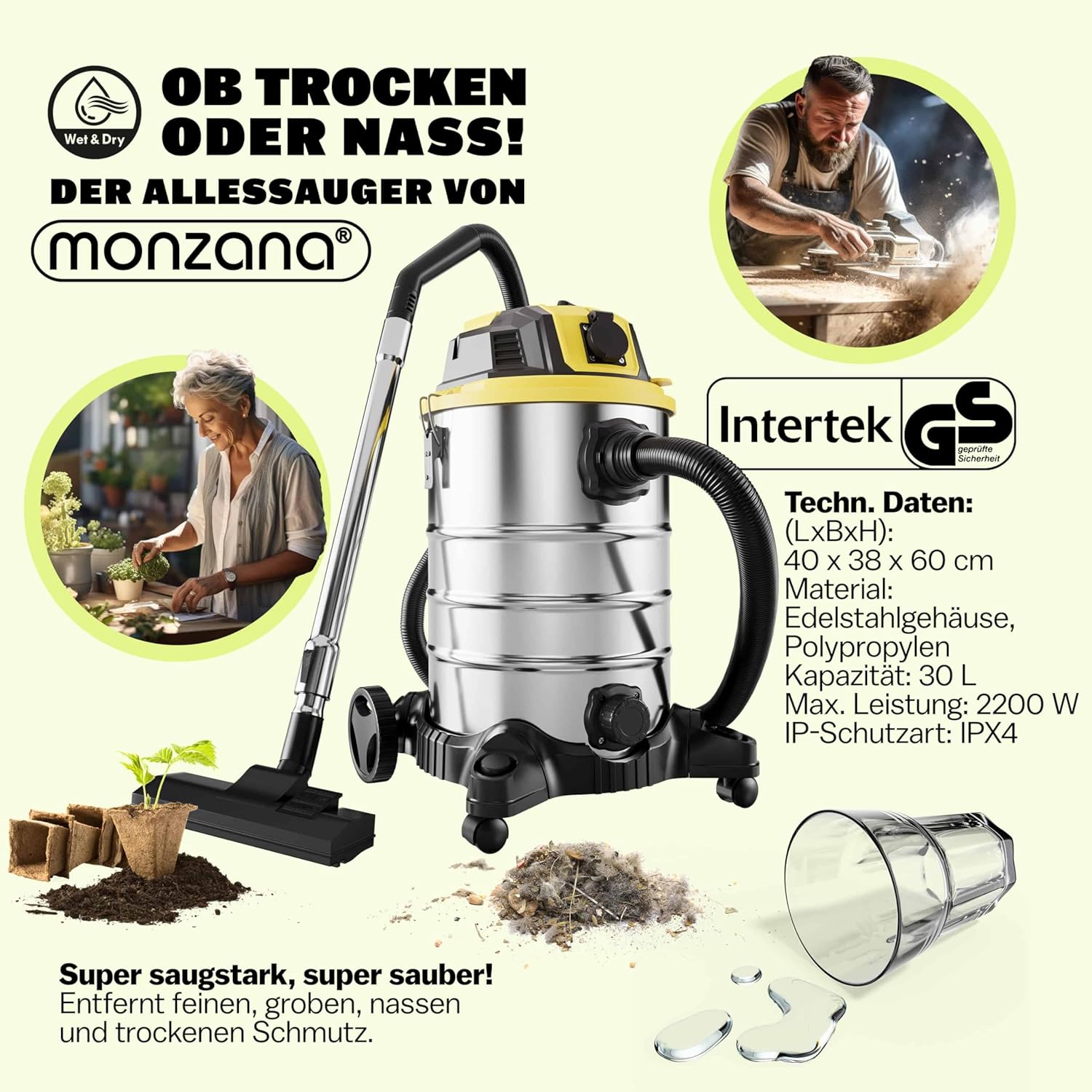 Monzana® Nass Trockensauger 30L 2200W + Steckdose GS-Zertifiziert 9m Bewegungsradius Industrie Staubsauger Edelstahl Nasssauger Waschsauger Blasfunktion — Ansicht 3