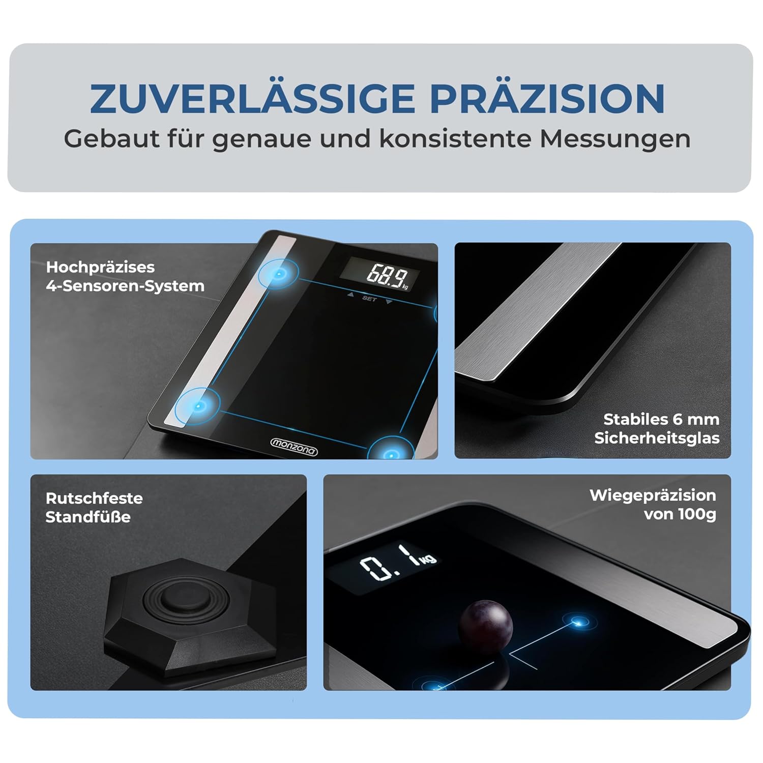 MONZANA® Personenwaage Digital BIA Analyse Waage Körperfett Muskelmasse für 10 Nutzer-Profile Große Trittfläche 30x30cm Fitness Körperwaage bis 180kg — Ansicht 5