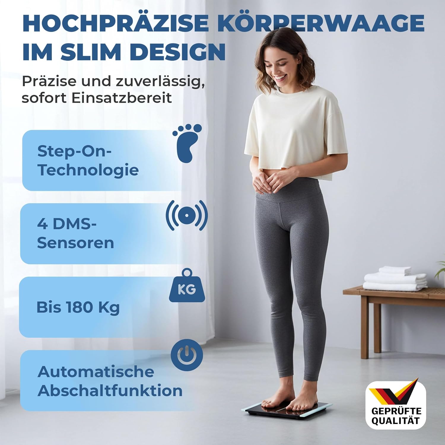 Monzana® Personenwaage Digital Klare LCD Anzeige Große Trittfläche Step-On Waage DMS Sensorsystem Körperwaage bis 180kg flaches Design Sicherheitsglas — Ansicht 2