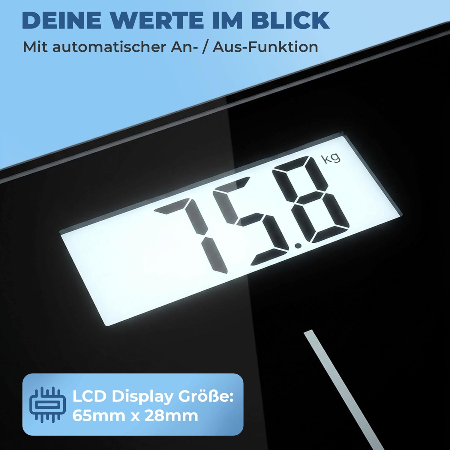 Monzana® Personenwaage Digital Klare LCD Anzeige Große Trittfläche Step-On Waage DMS Sensorsystem Körperwaage bis 180kg flaches Design Sicherheitsglas — Ansicht 3