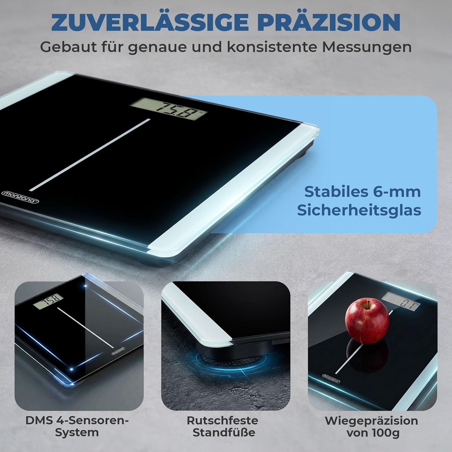 Monzana® Personenwaage Digital Klare LCD Anzeige Große Trittfläche Step-On Waage DMS Sensorsystem Körperwaage bis 180kg flaches Design Sicherheitsglas — Ansicht 4