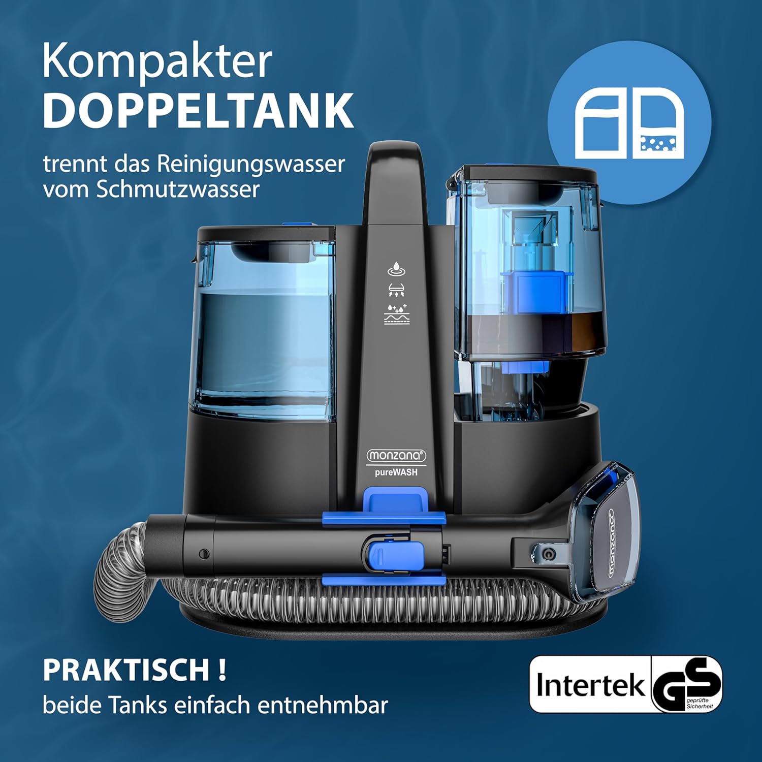 MONZANA® Polsterreiniger Gerät Waschsauger mit 2-in-1 Bürstenaufsatz für Teppiche & Polster 1,2 m Schlauch & 5,5 m Reichweite Nasssauger Teppichreiniger Haushalt — Ansicht 6