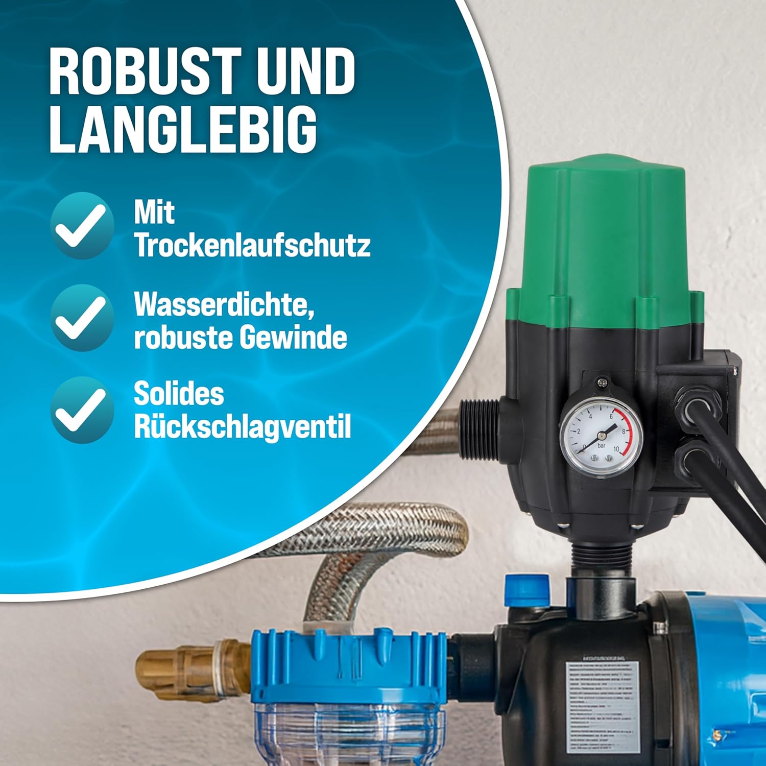 MONZANA® Pumpensteuerung Trockenlaufschutz 10 bar Druckschalter Hauswasserwerk Pumpendruckregler Pumpenschalter Druckwächter Baranzeige mit Kabel — Ansicht 3