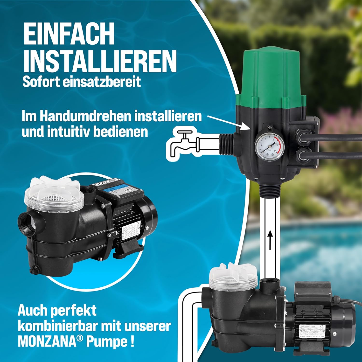 MONZANA® Pumpensteuerung Trockenlaufschutz 10 bar Druckschalter Hauswasserwerk Pumpendruckregler Pumpenschalter Druckwächter Baranzeige mit Kabel — Ansicht 6