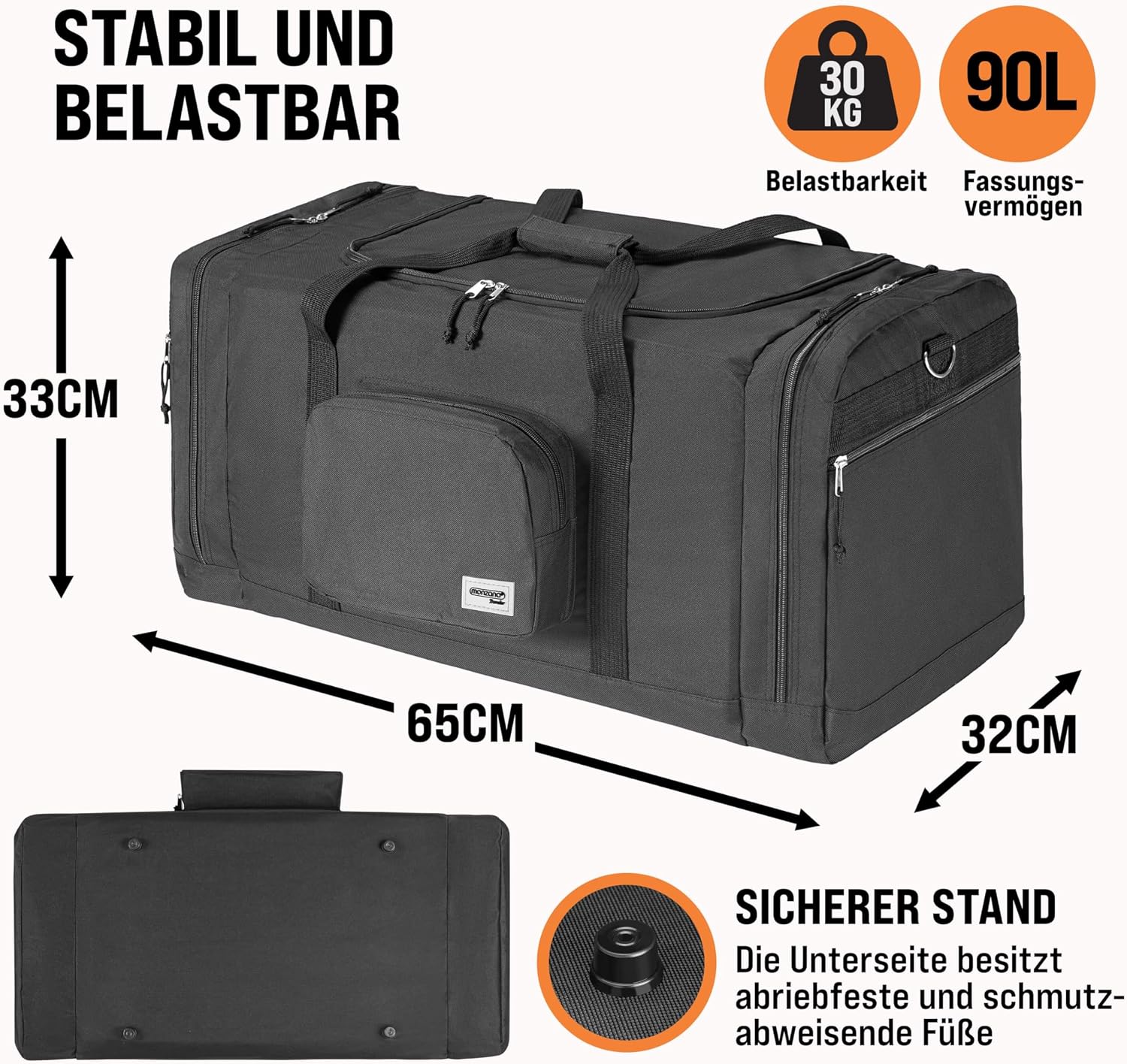 MONZANA® Reisetasche 90L 70x35x35cm Schultergurt Pad Abnehmbar Verstellbar Front & Seitenfächer Standfüße Weekender Duffelbag Sporttasche — Ansicht 6