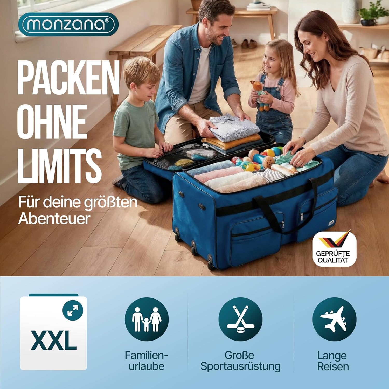 MONZANA® Reisetasche mit Rollen 160L Trolley Funktion Teleskopgriff 85x43x44cm Standfüße Groß XXL Weichgepäck Reisegepäck Gepäcktasche Duffle Bag — Ansicht 2