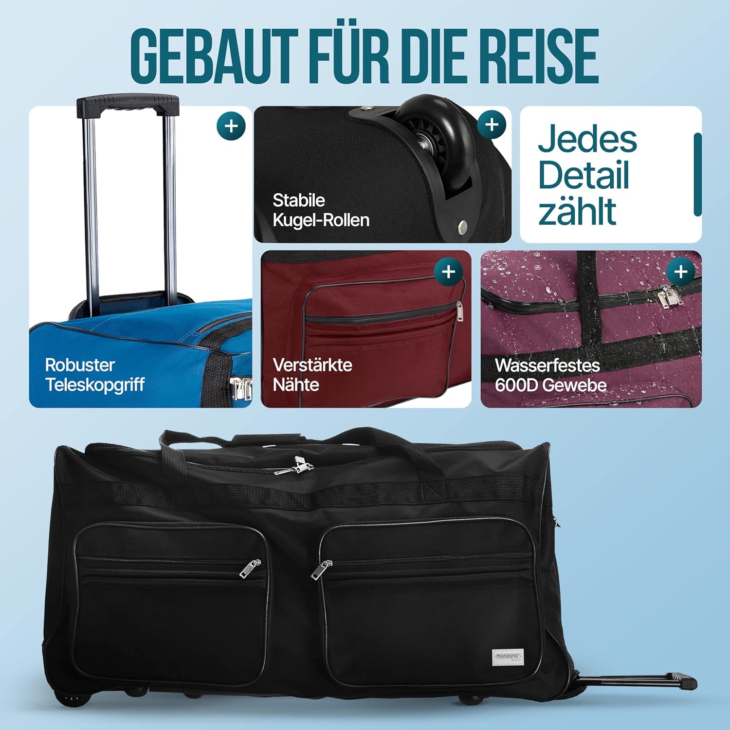 MONZANA® Reisetasche mit Rollen 160L Trolley Funktion Teleskopgriff 85x43x44cm Standfüße Groß XXL Weichgepäck Reisegepäck Gepäcktasche Duffle Bag — Ansicht 3