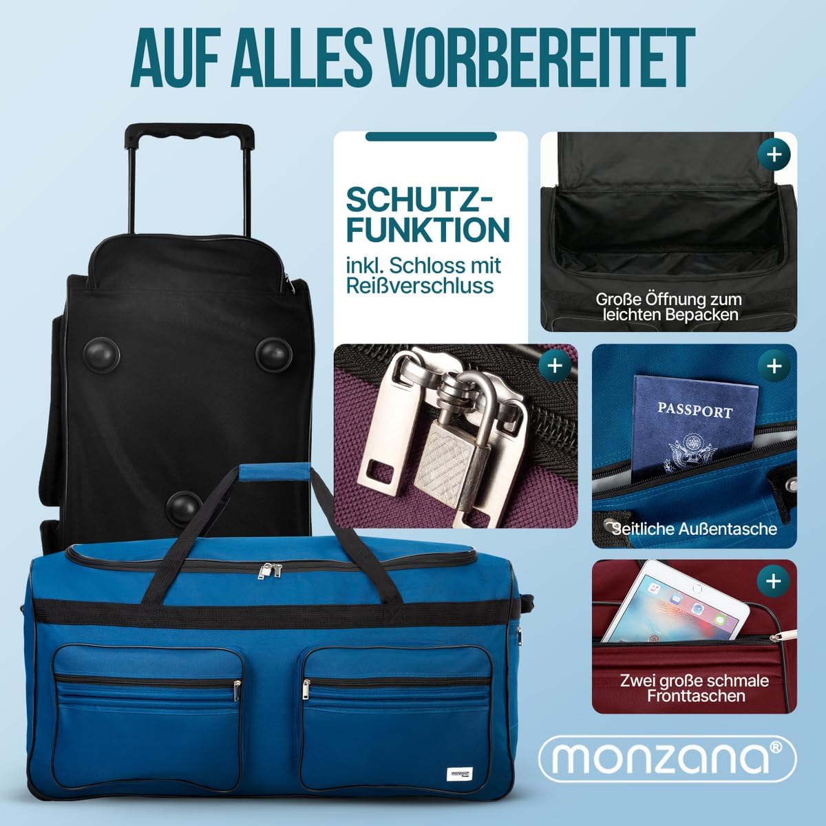 MONZANA® Reisetasche mit Rollen 160L Trolley Funktion Teleskopgriff 85x43x44cm Standfüße Groß XXL Weichgepäck Reisegepäck Gepäcktasche Duffle Bag — Ansicht 6