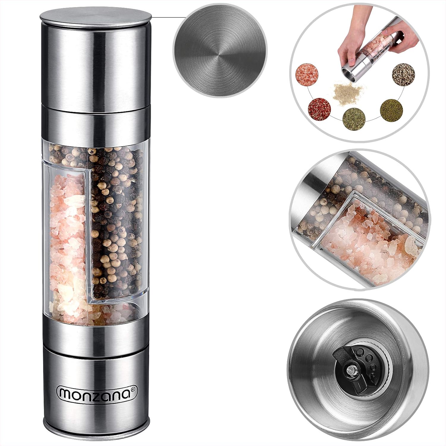 MONZANA® Salz und Pfeffermühle 2in1 2er Set Edelstahl Gewürzmühle mit Keramikmahlwerk Verstellbar für Salz Pfeffer Chili Kräuter BPA-frei mit Deckeln — Ansicht 2