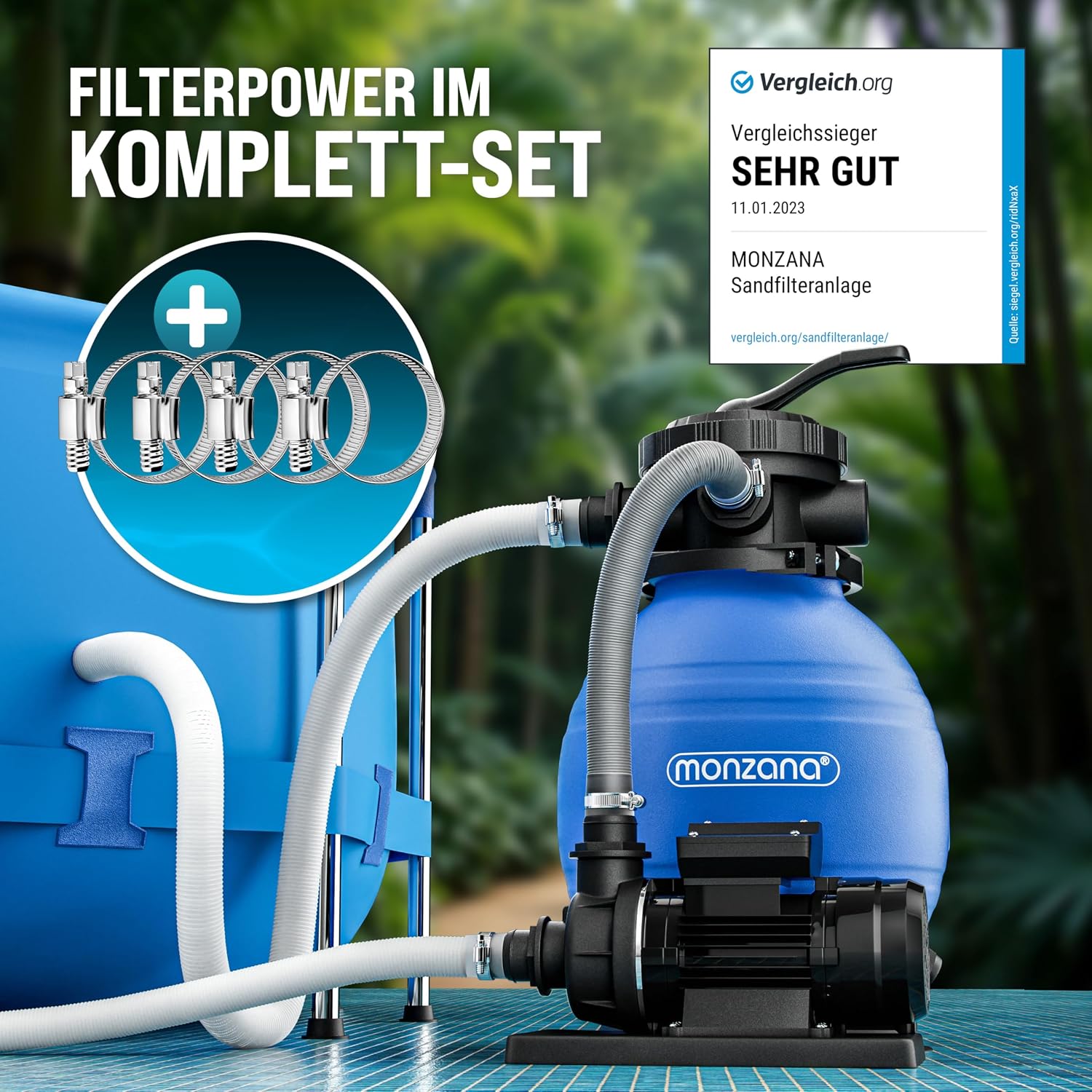 MONZANA® Sandfilteranlage SF12K 10.200L/h bis 35.000L Pool Selbstansaugend 400 Watt 2in1 Adapter Ø32-38mm 7Wege Ventil Sandfilterpumpe Poolfilter — Ansicht 3