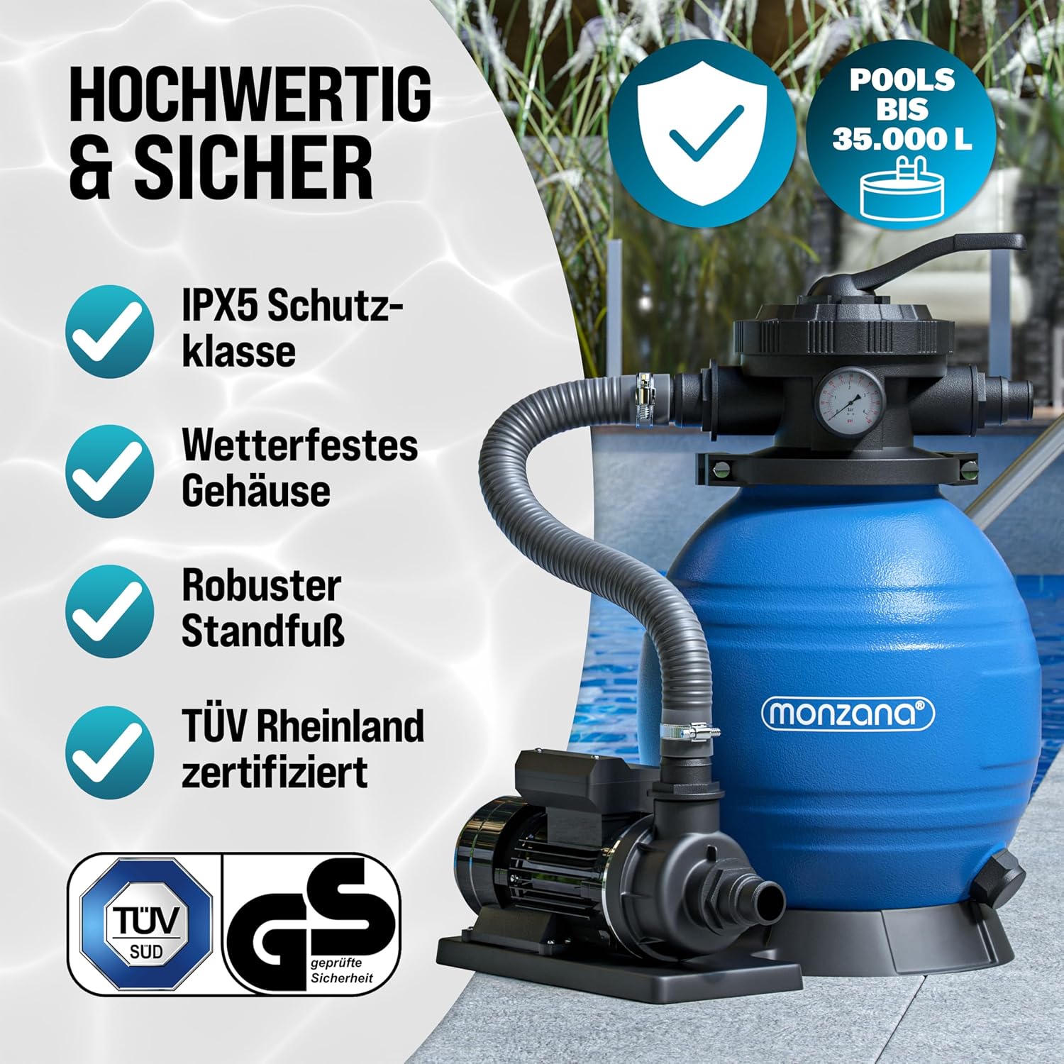 MONZANA® Sandfilteranlage SF12K 10.200L/h bis 35.000L Pool Selbstansaugend 400 Watt 2in1 Adapter Ø32-38mm 7Wege Ventil Sandfilterpumpe Poolfilter — Ansicht 4