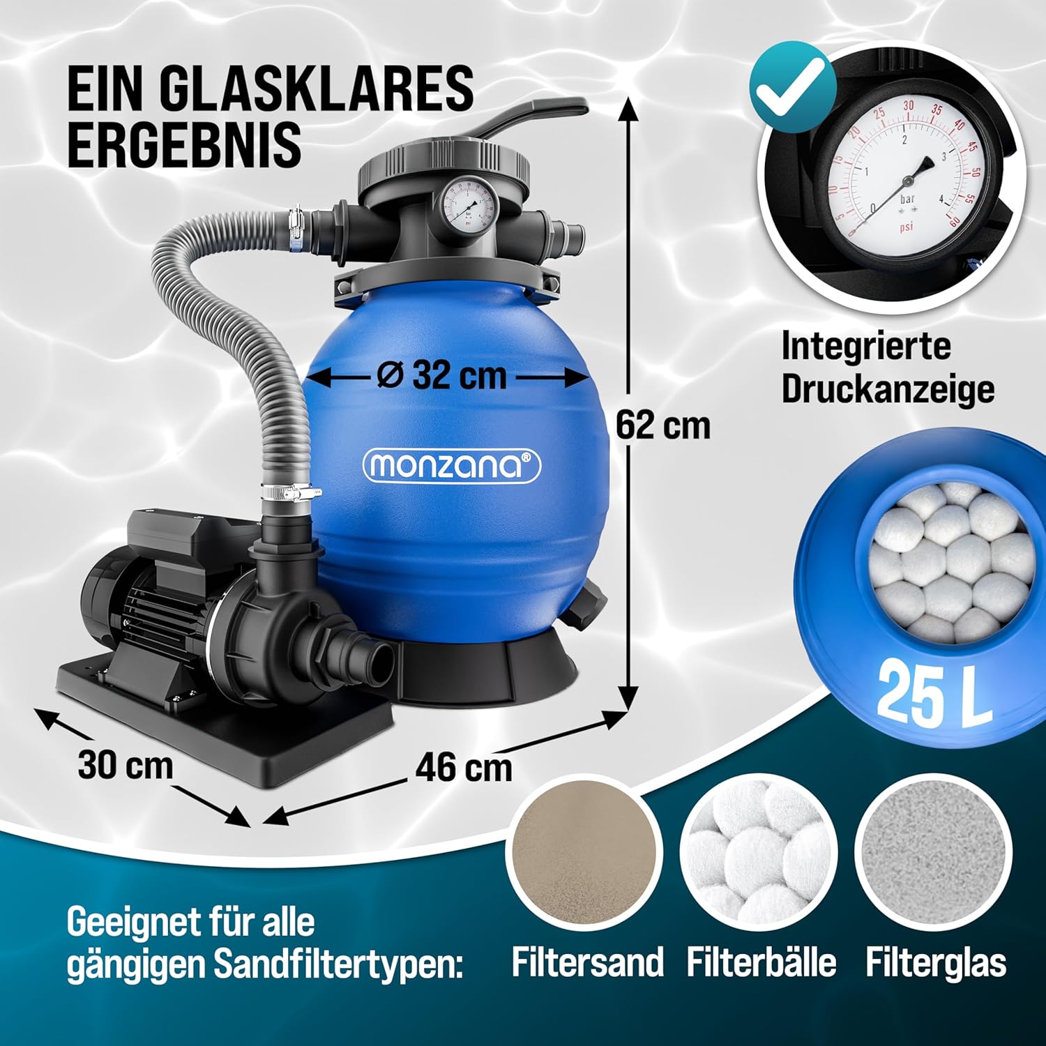 MONZANA® Sandfilteranlage SF12K 10.200L/h bis 35.000L Pool Selbstansaugend 400 Watt 2in1 Adapter Ø32-38mm 7Wege Ventil Sandfilterpumpe Poolfilter — Ansicht 6