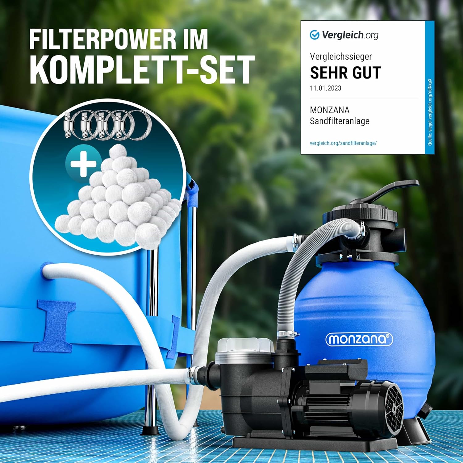 MONZANA® Sandfilteranlage SF96K 9.600L/h bis 30.000L Pool inkl Filterbällen 7 Wege Ventil 2in1 Adapter Ø32-38mm 400W Filteranlage Pumpe Filterkessel — Ansicht 3