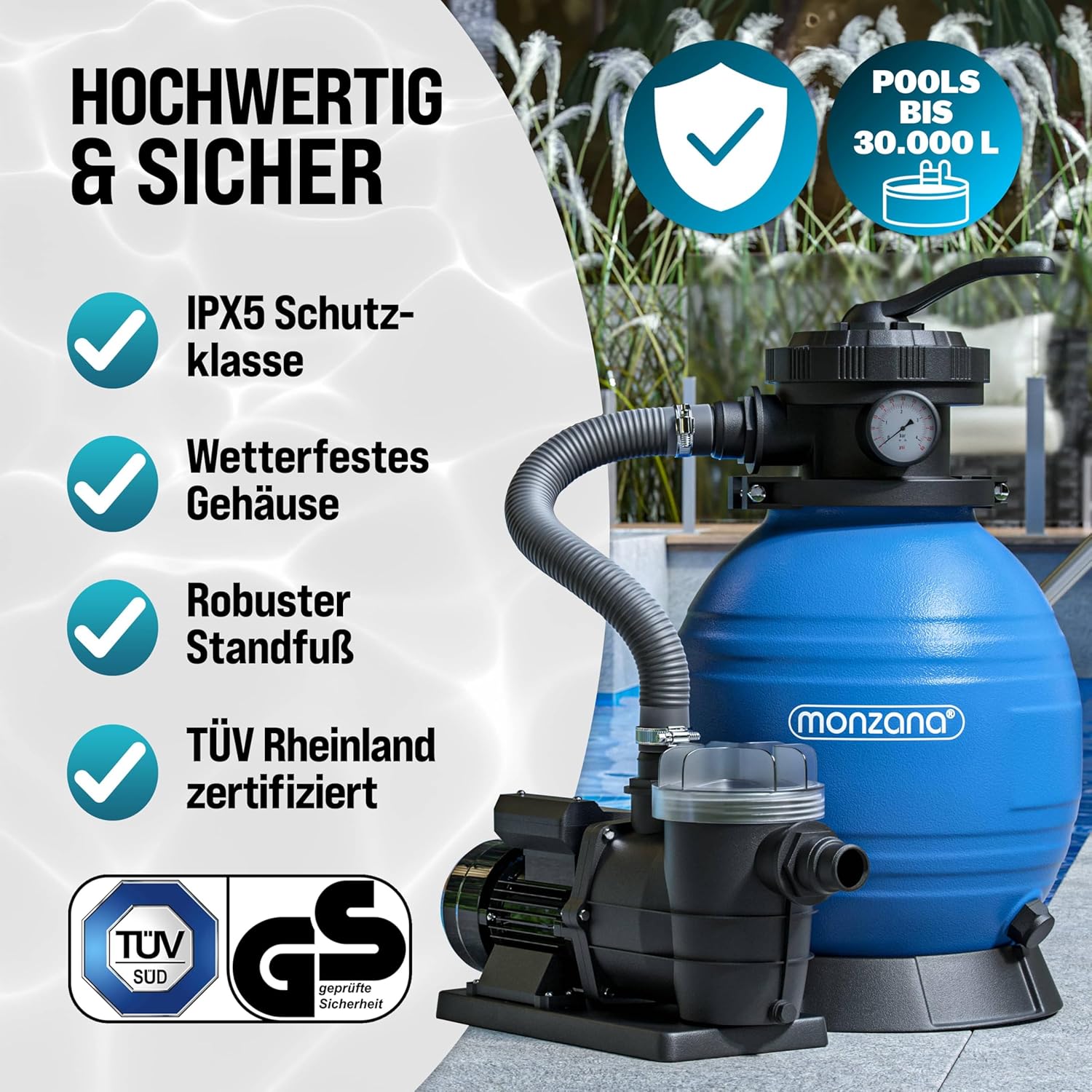 MONZANA® Sandfilteranlage SF96K 9.600L/h bis 30.000L Pool inkl Filterbällen 7 Wege Ventil 2in1 Adapter Ø32-38mm 400W Filteranlage Pumpe Filterkessel — Ansicht 4