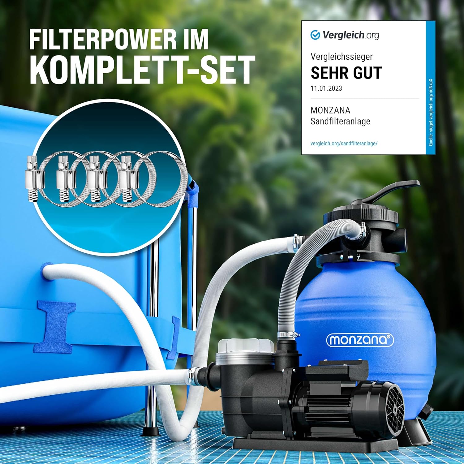 MONZANA® Sandfilteranlage SF96K 9600L/h bis 30.000L Pool Selbstansaugend 400 Watt 2in1 Adapter Ø32-38mm 7Wege Ventil Sandfilterpumpe Poolfilter — Ansicht 3