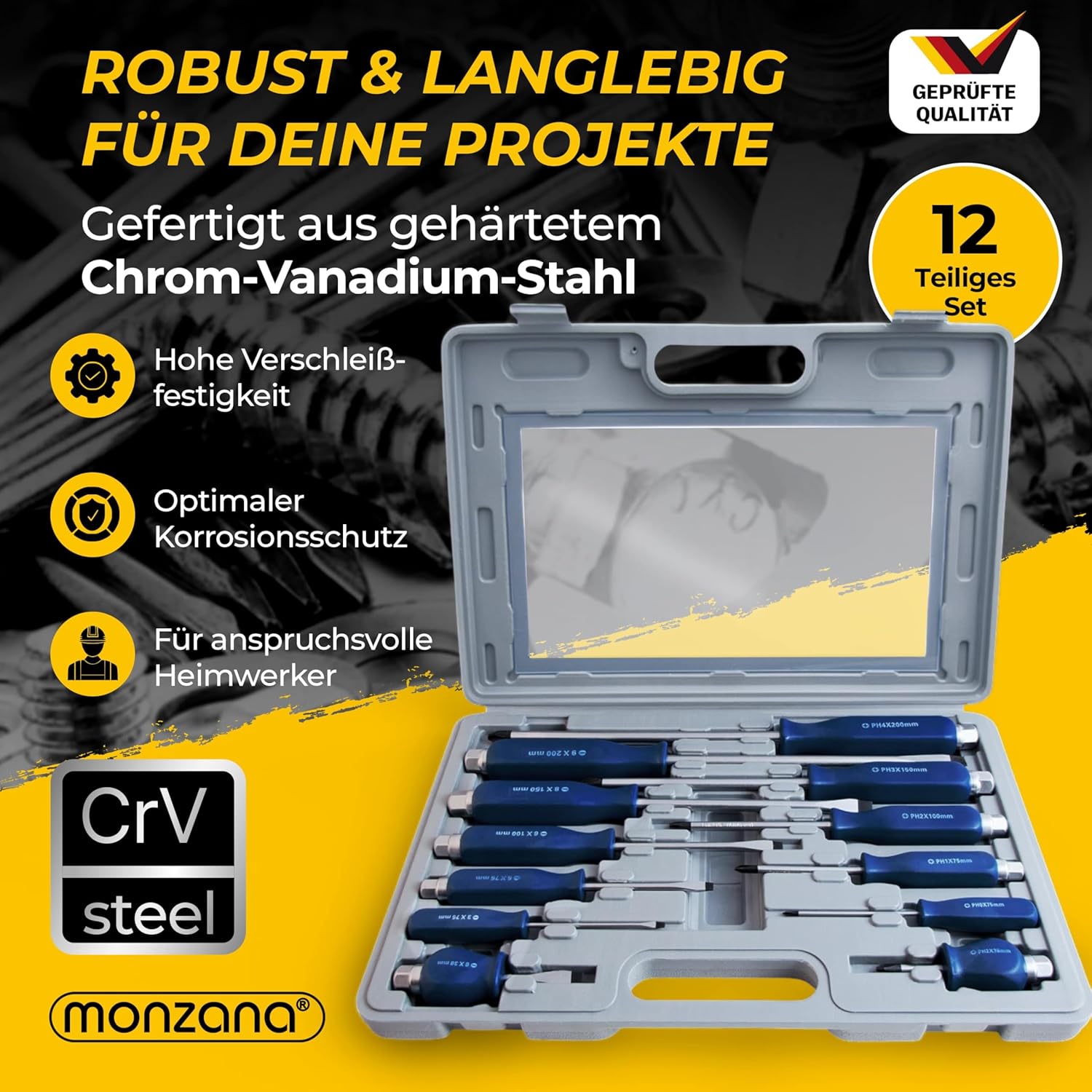 MONZANA® Schraubendreher Set 12 tlg. inkl. Koffer Chrom-Vanadium-Stahl Werkzeugset Schraubenzieher Satz Schlitz Kreuz — Ansicht 3