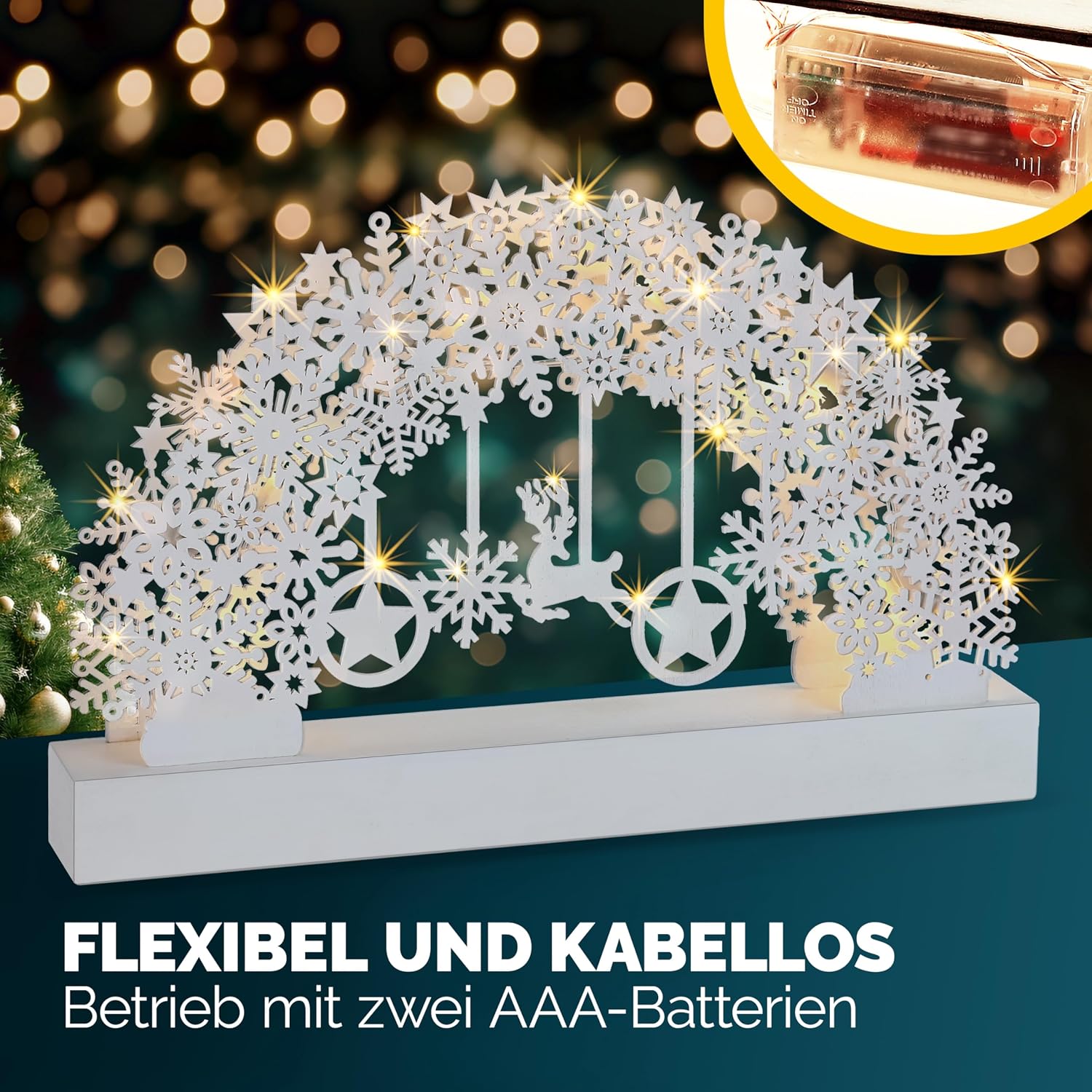 Monzana® Schwibbogen Weihnachten Batteriebetrieben Timer Kabellos Holz LED Beleuchtung Deko Lichterbogen Weihnachtsdeko Schwippbogen Lichterkranz Weiß — Ansicht 6