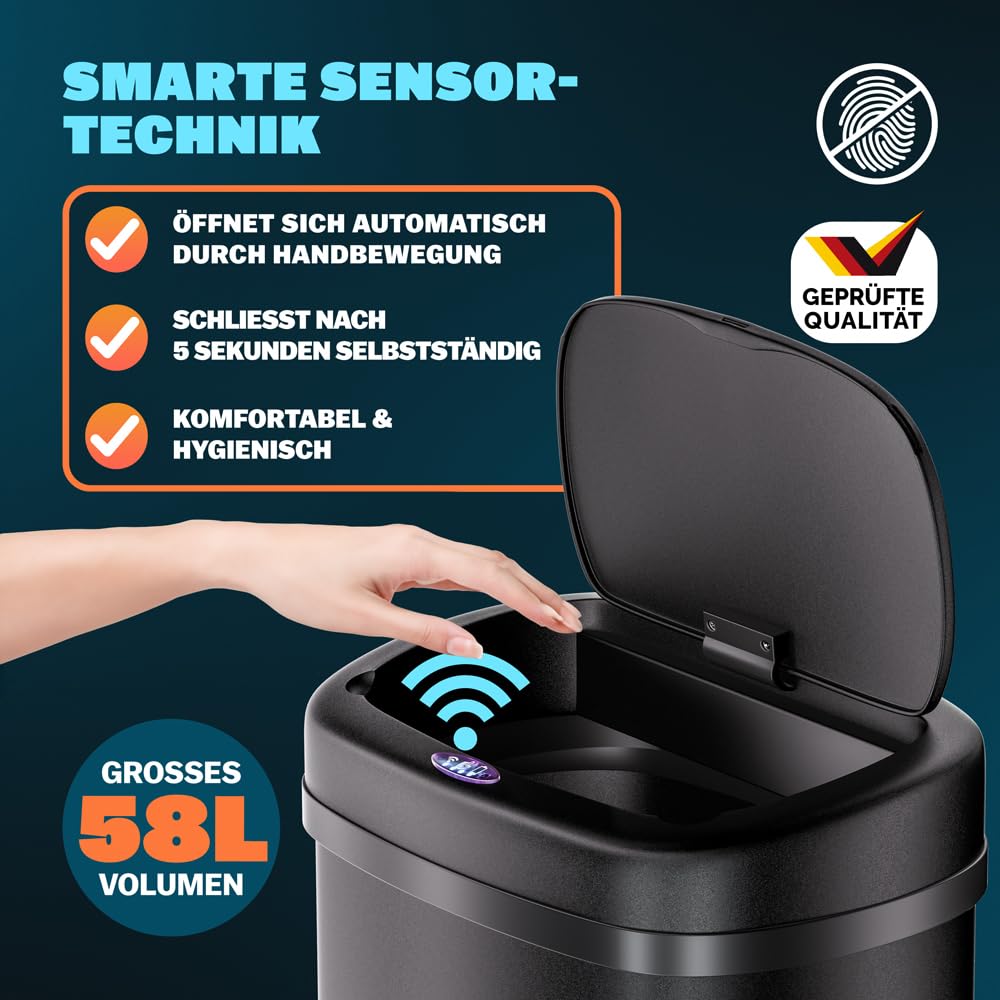Monzana® Sensor Mülleimer Küche 58 L Automatik mit Bewegungssensor Soft-Close-Deckel Wasserdicht USB-Kabel Smarter Abfalleimer Müllbehälter Schwarz — Ansicht 3