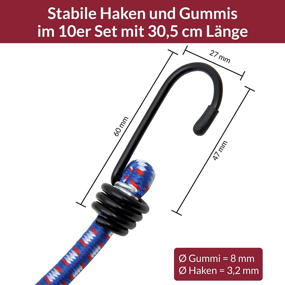 MONZANA® Spanngummi mit Haken Sicherer Halt & vielseitig einsetzbar 10er Set Expander 30,5cm wetterfest Gepäckspanner Gummispanner mit Haken — Ansicht 3