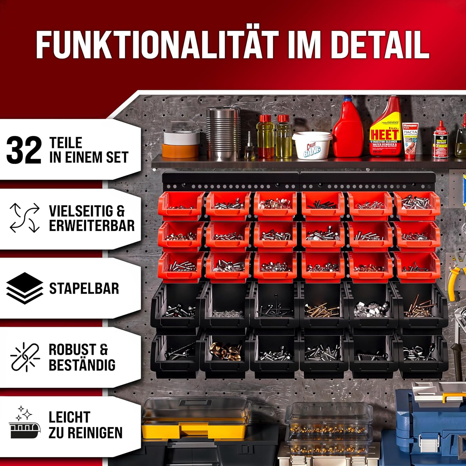 Monzana® Stapelboxen 32 tlg. Erweiterbar Etikettenfach Stabil Stoßfest Starke Wandplatten Wandregal Werkstattregal Werkzeuglochwand Kleinteilemagazin — Ansicht 2