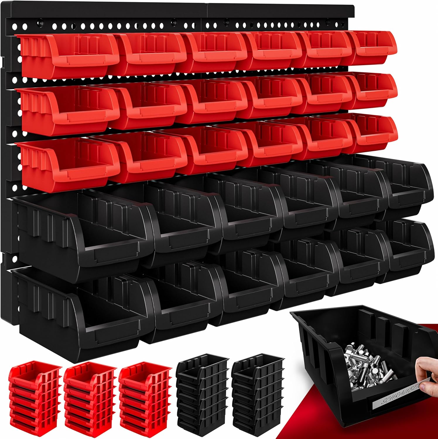 Monzana® Stapelboxen 32 tlg. Erweiterbar Etikettenfach Stabil Stoßfest Starke Wandplatten Wandregal Werkstattregal Werkzeuglochwand Kleinteilemagazin