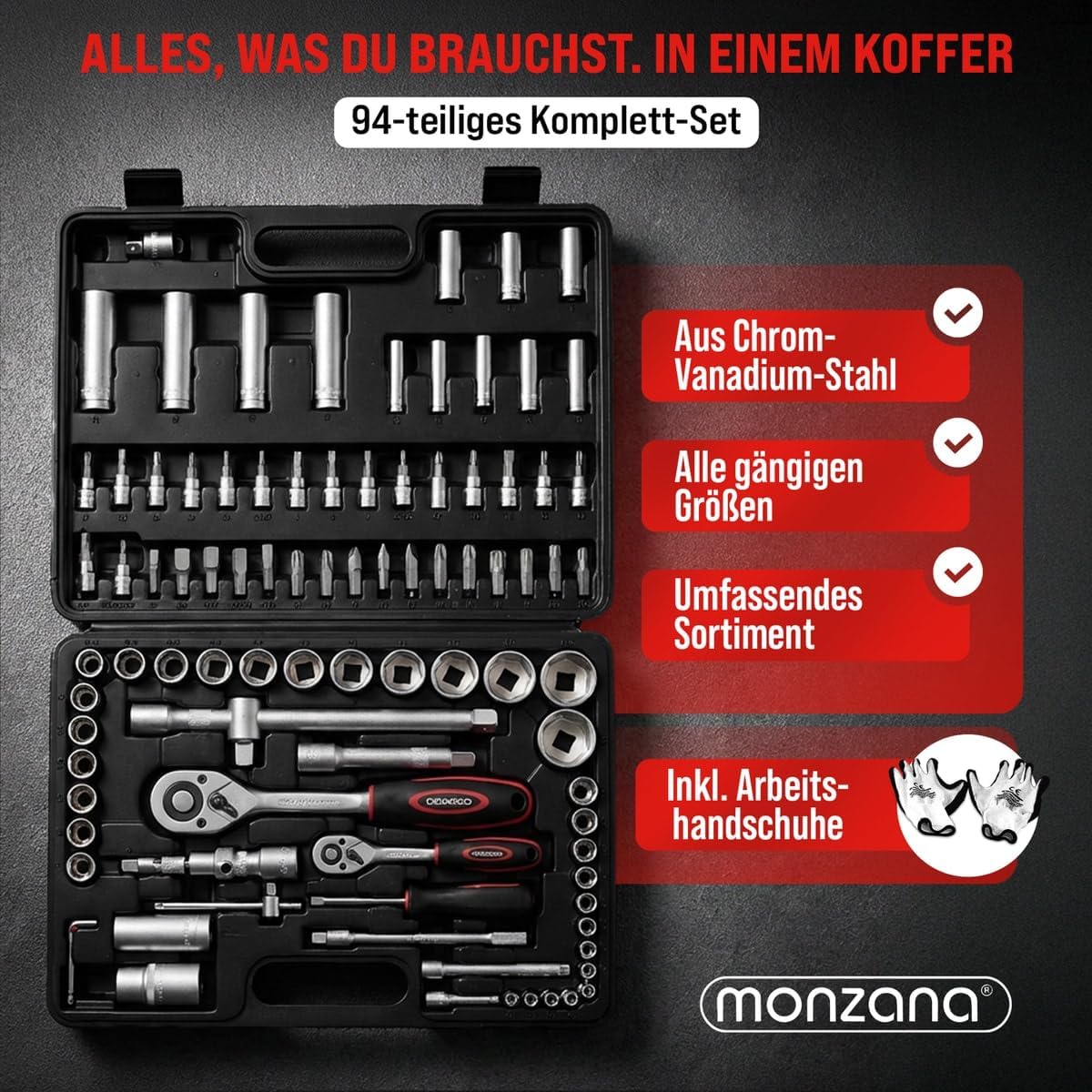 MONZANA® Steckschlüsselsatz 94 tlg. CV-Stahl 1/4' + 1/2' Transportkoffer Nusskasten Knarrenkasten Ratschenkasten — Ansicht 2