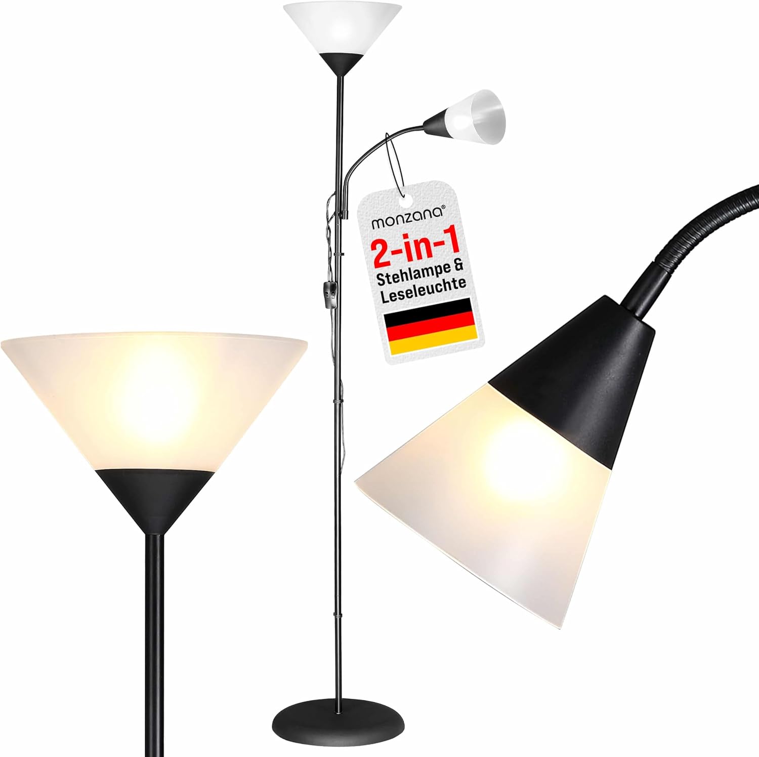 Monzana® Stehlampe 175 cm Schwarz Verstellbare Stehleuchte mit Deckenfluter und Leselampe moderne Standleuchte für Wohnzimmer Schlafzimmer Büro