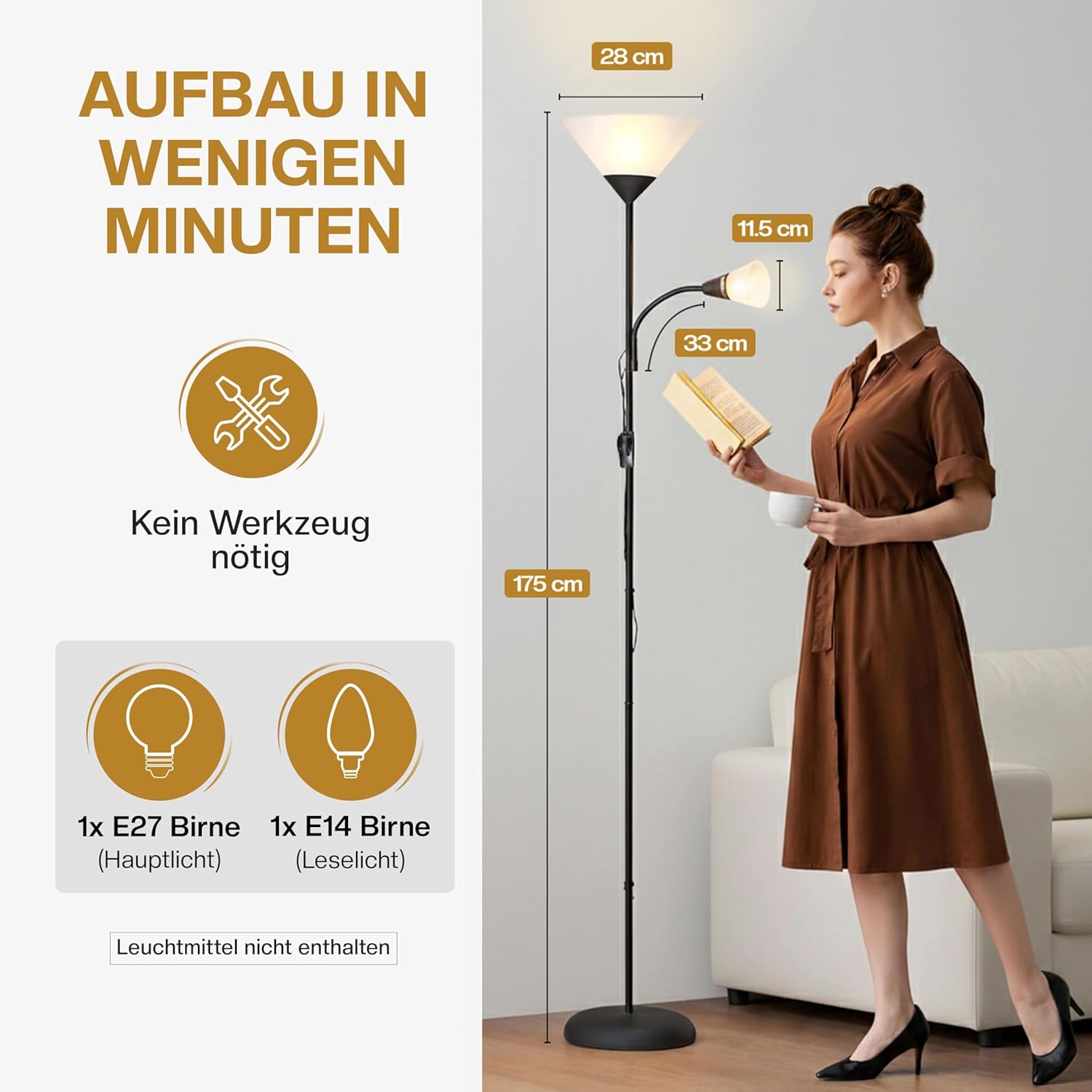 Monzana® Stehlampe 175 cm Schwarz Verstellbare Stehleuchte mit Deckenfluter und Leselampe moderne Standleuchte für Wohnzimmer Schlafzimmer Büro — Ansicht 6