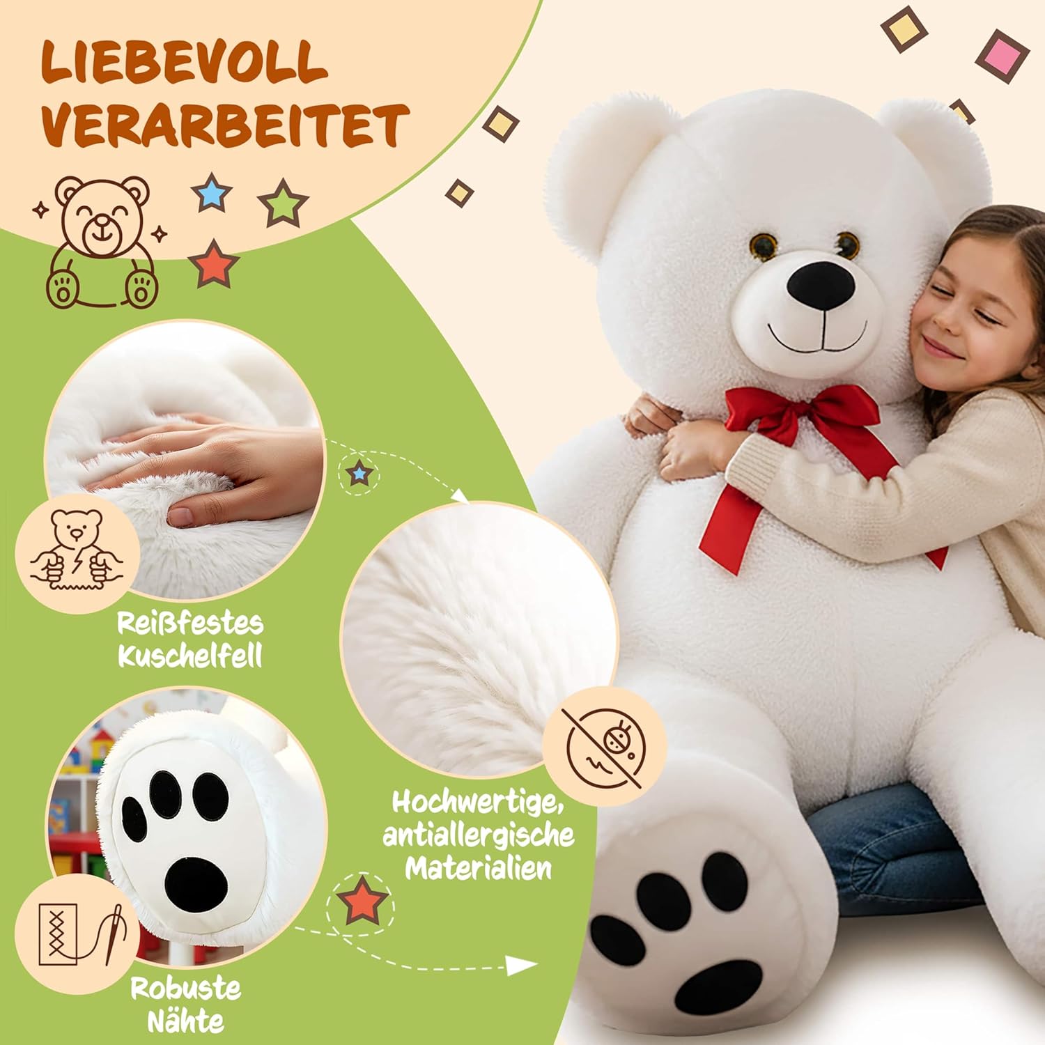 monzana® Teddybär L - XXXL 50-175cm Weiches Fell Schleife Tatzendruck Geschenk Plüschtier Kuscheltier Stofftier Riesen Teddy Bär — Ansicht 3