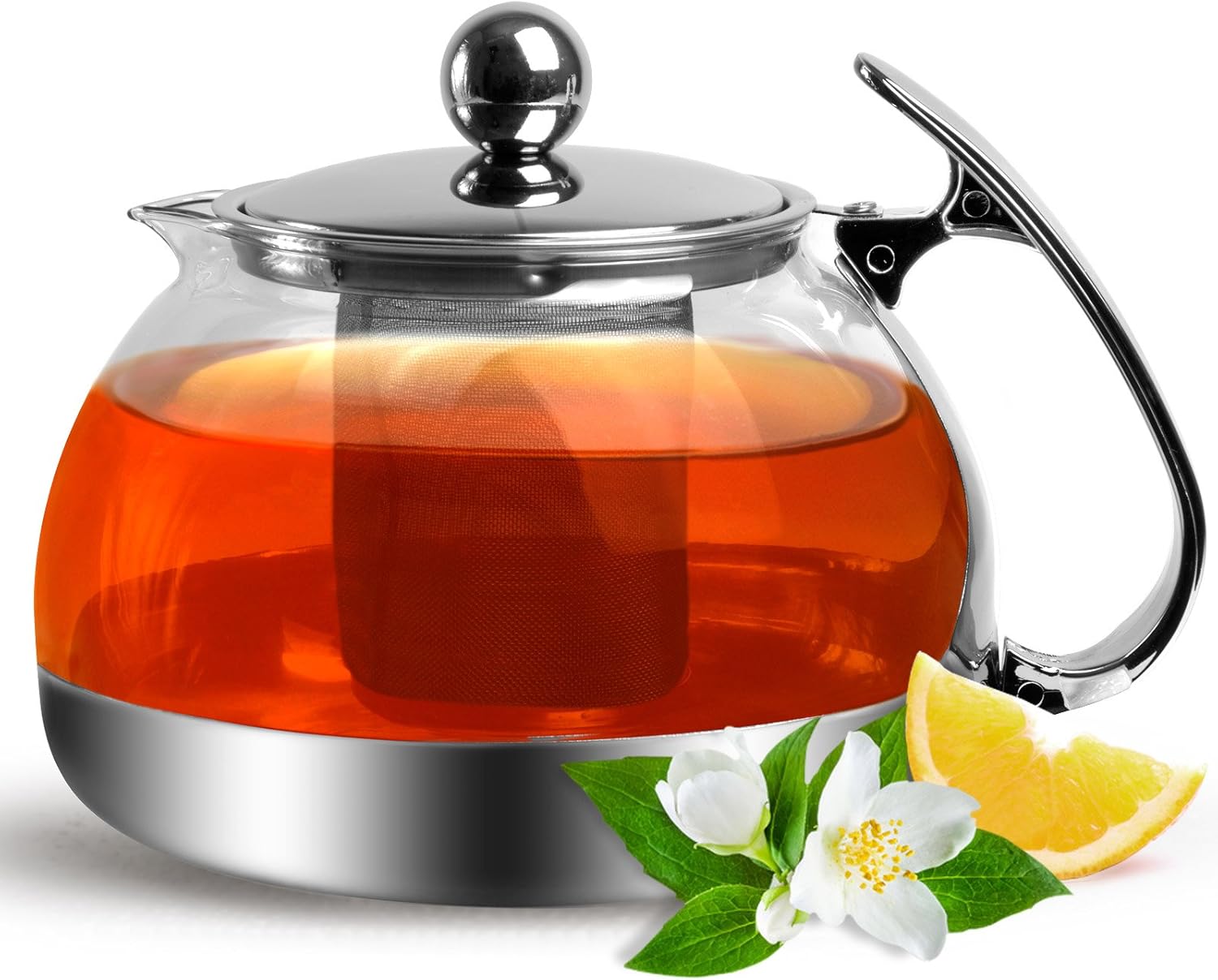 MONZANA® Teekanne mit Siebeinsatz Glas 1,2 Liter Hitzebeständig Teesieb Herausnehmbar Glaskanne für losen Tee Edelstahl Deckel Borosilikatglas Henkel