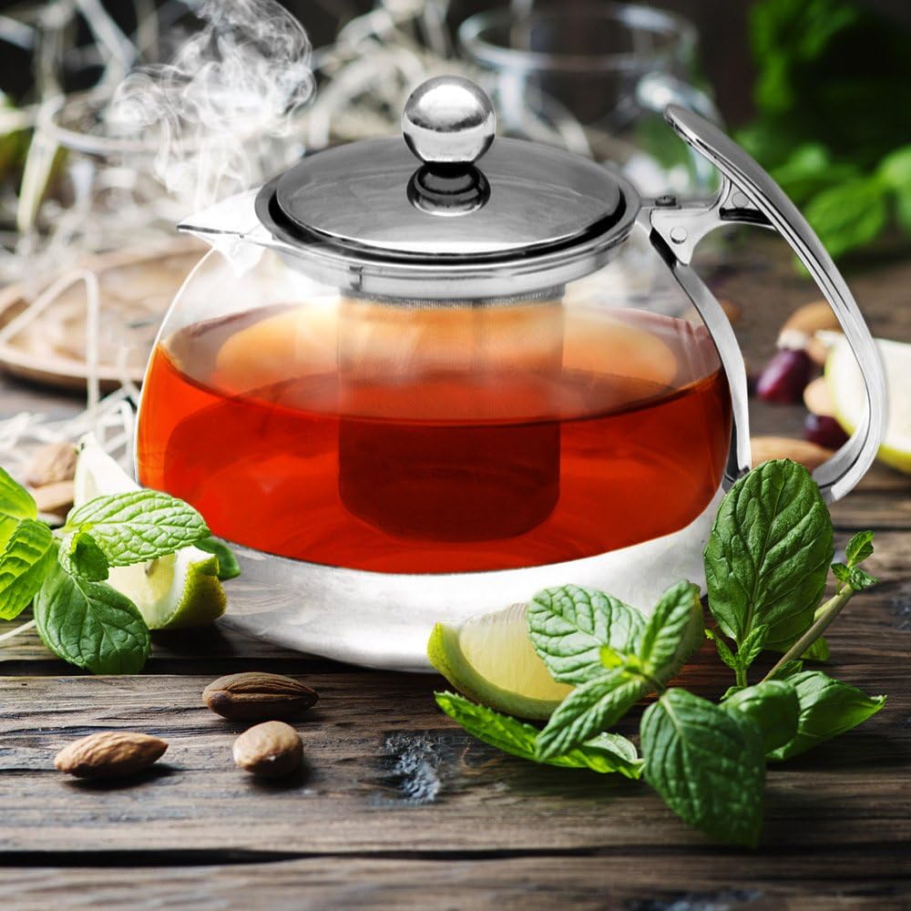 MONZANA® Teekanne mit Siebeinsatz und 4 Gläser 1,2 Liter Hitzebeständig Teesieb Herausnehmbar Glaskanne für losen Tee Edelstahl Deckel Borosilikatglas — Ansicht 2