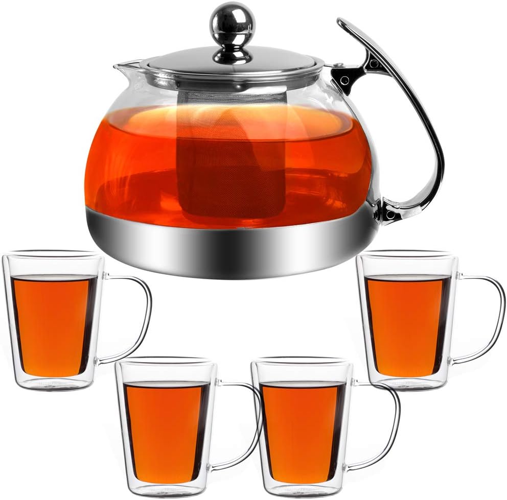 MONZANA® Teekanne mit Siebeinsatz und 4 Gläser 1,2 Liter Hitzebeständig Teesieb Herausnehmbar Glaskanne für losen Tee Edelstahl Deckel Borosilikatglas