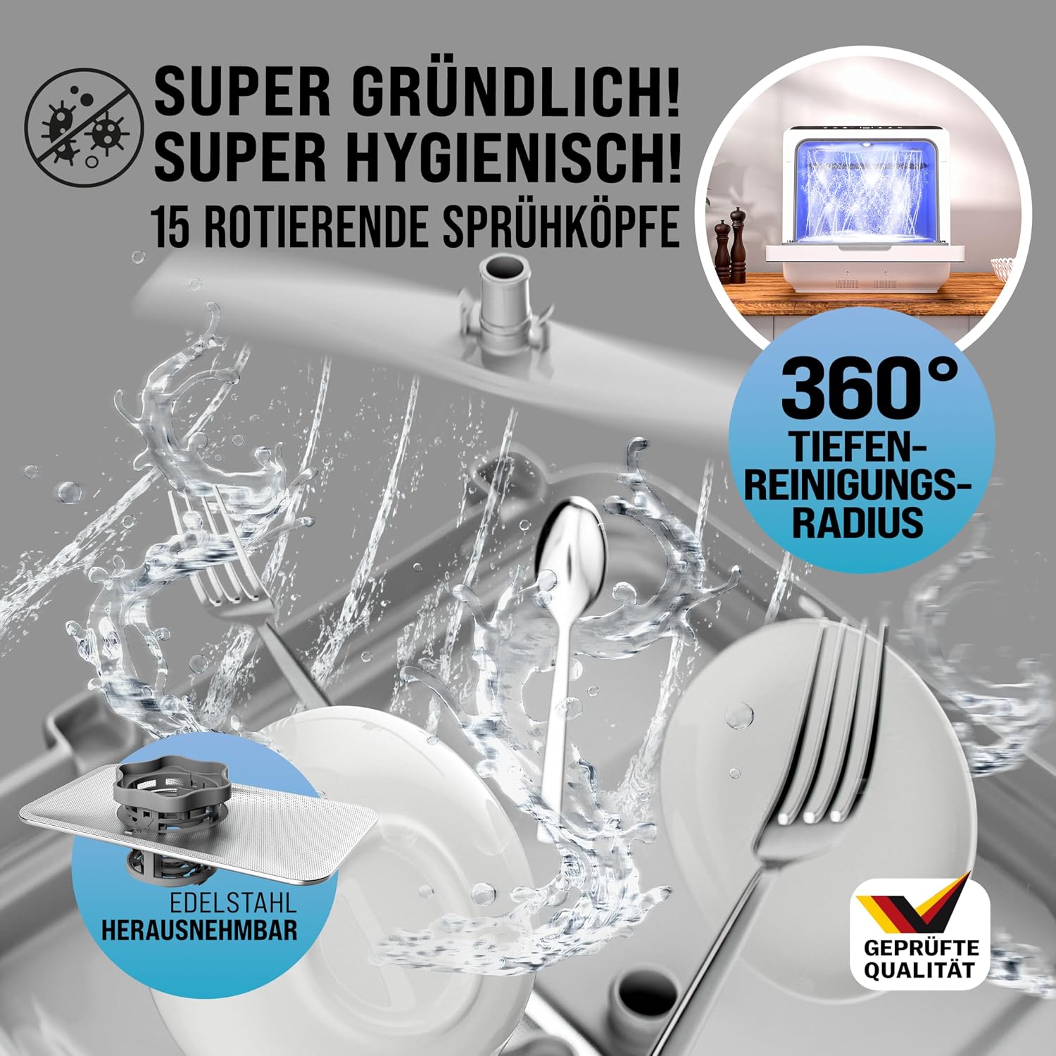 MONZANA® Tischspülmaschine ohne Wasseranschluss App Funktion sparsamer Verbrauch 4,5L 6 Programme 4 Gedecke 45cm Mini Geschirrspüler Spülmaschine Weiß — Ansicht 3