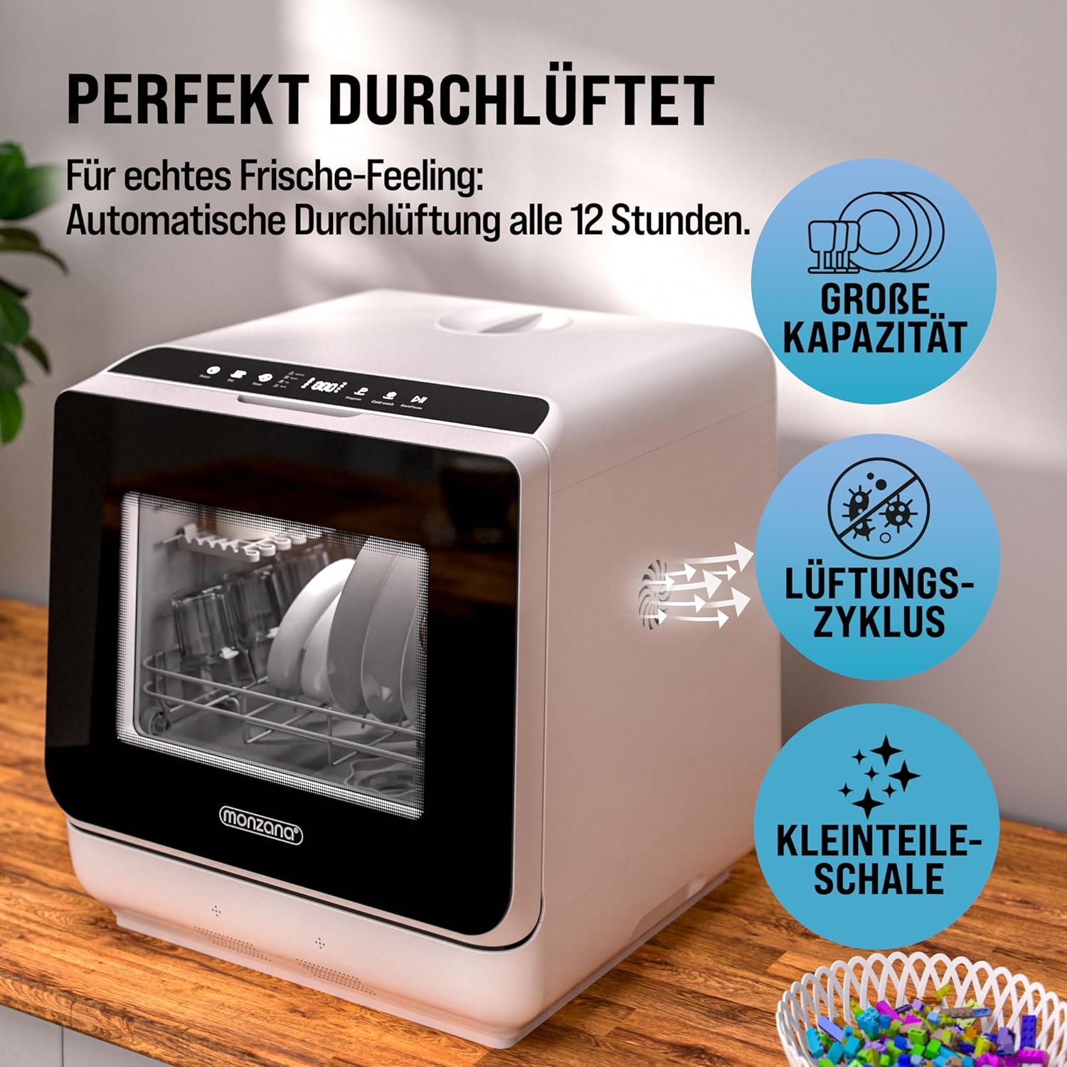 MONZANA® Tischspülmaschine ohne Wasseranschluss App Funktion sparsamer Verbrauch 4,5L 6 Programme 4 Gedecke 45cm Mini Geschirrspüler Spülmaschine Weiß — Ansicht 6