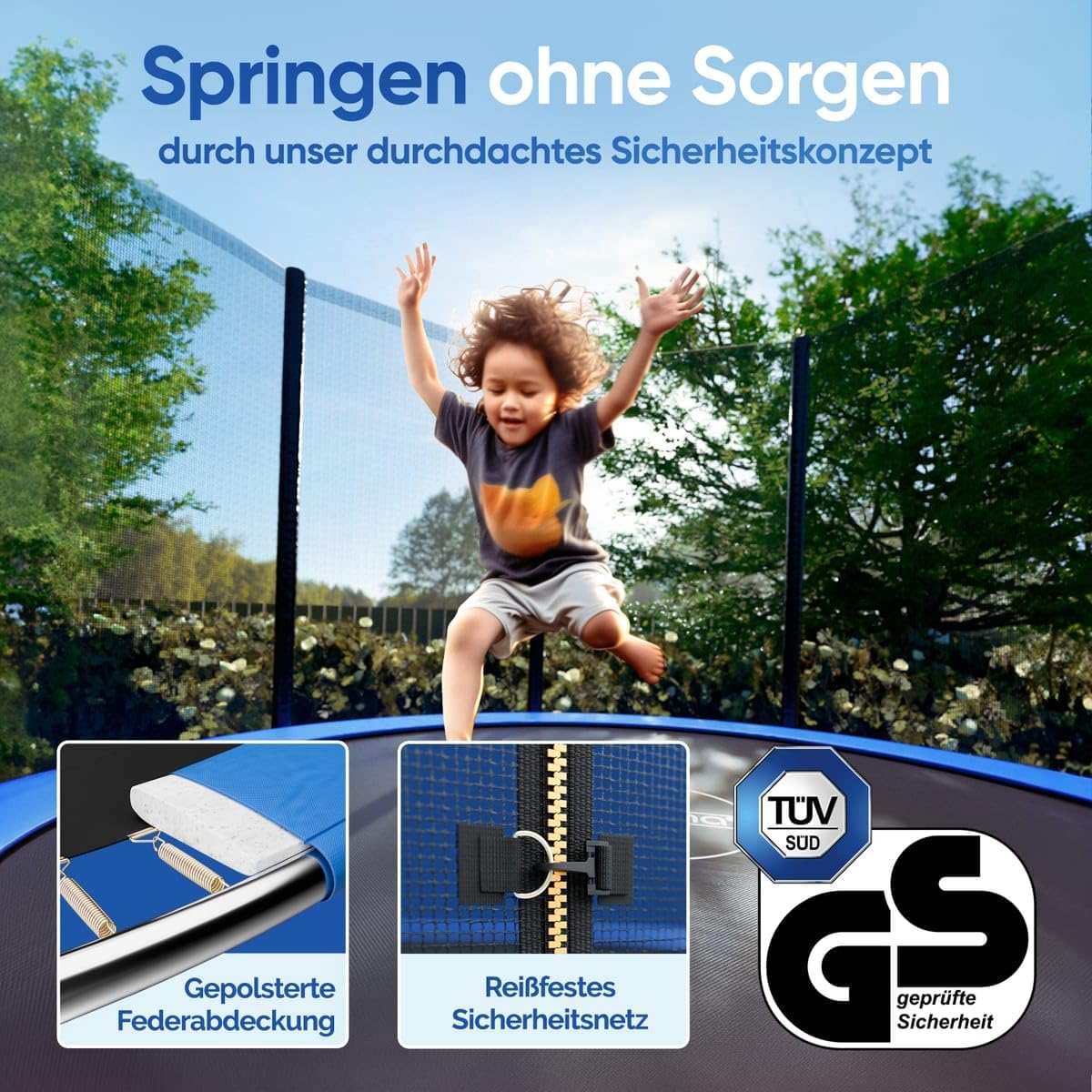 Monzana® Trampolin Ø 183/244/305/366/427 cm TÜV SÜD GS Zertifiziert Komplettset inkl. Sicherheitsnetz Leiter Randabdeckung Kindertrampolin Gartentrampolin — Ansicht 3