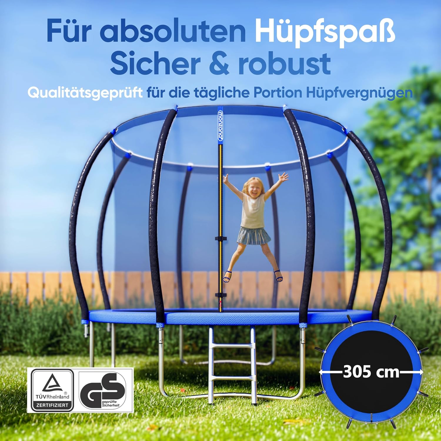 Monzana® Trampolin Ø 305 cm TÜV Rheinland GS Zertifiziert Komplettset inkl. Sicherheitsnetz Innen Randabdeckung Kindertrampolin Gartentrampolin — Ansicht 2
