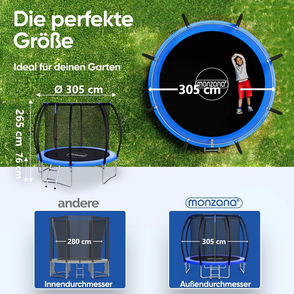 Monzana® Trampolin Ø 305 cm TÜV Rheinland GS Zertifiziert Komplettset inkl. Sicherheitsnetz Innen Randabdeckung Kindertrampolin Gartentrampolin — Ansicht 6