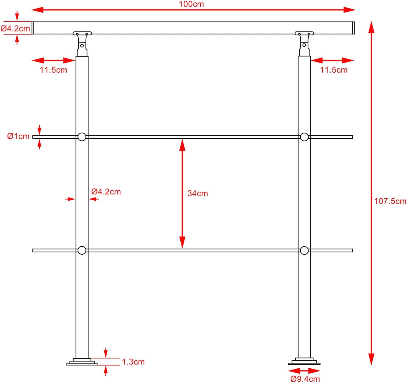MONZANA® Treppengeländer Edelstahl Pflegeleicht 100cm mit 2 Querstreben Innen und Außen Handlauf Geländer Brüstung Balkon — Ansicht 3