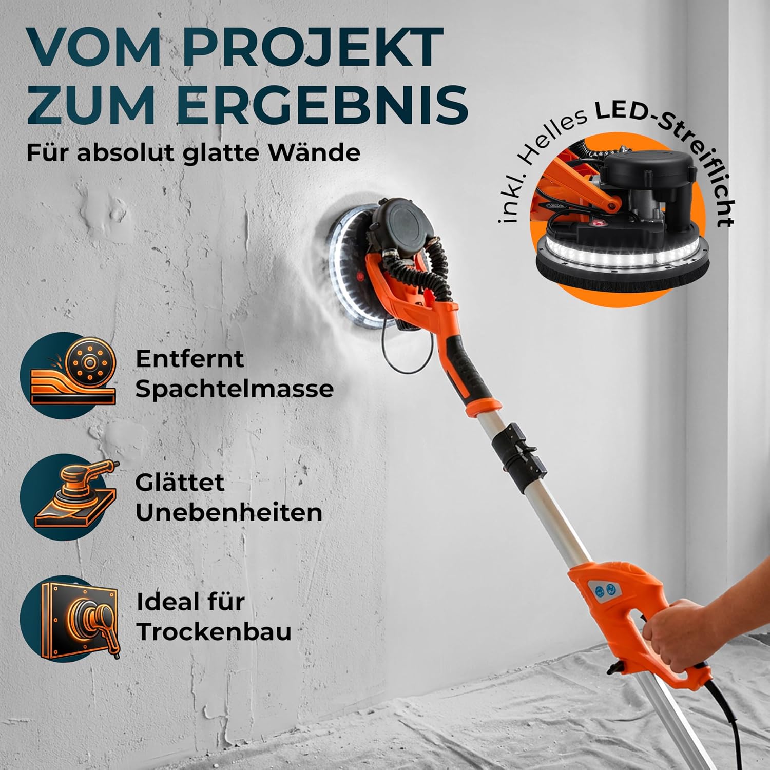 MONZANA® Trockenbauschleifer 750 Watt max Drehzahl 1750 U/min 12x Ø 225mm Schleifscheiben inkl Absaugbeutel LED-Licht Deckenschleifer Schleifmaschine — Ansicht 3