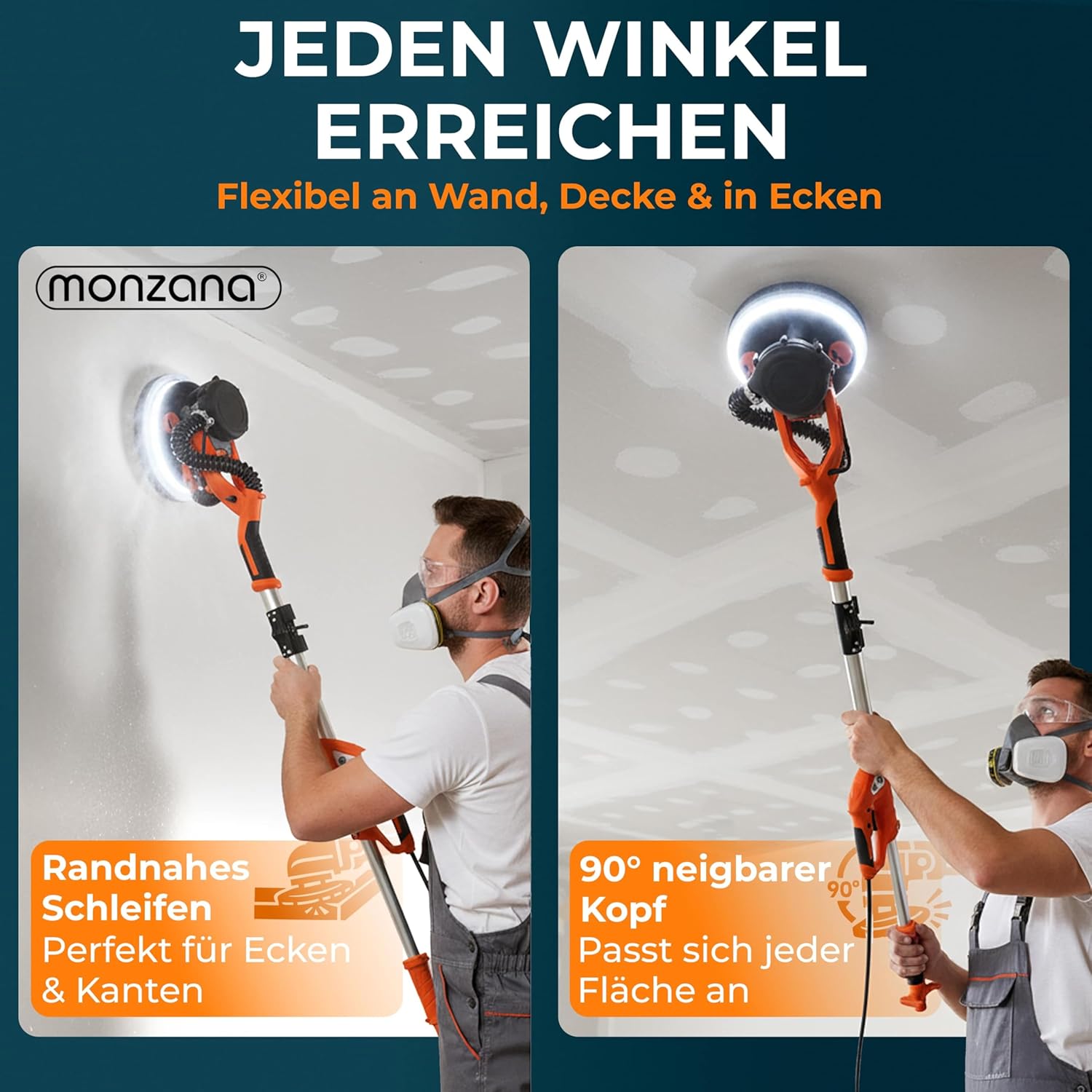 MONZANA® Trockenbauschleifer 750 Watt max Drehzahl 1750 U/min 12x Ø 225mm Schleifscheiben inkl Absaugbeutel LED-Licht Deckenschleifer Schleifmaschine — Ansicht 5